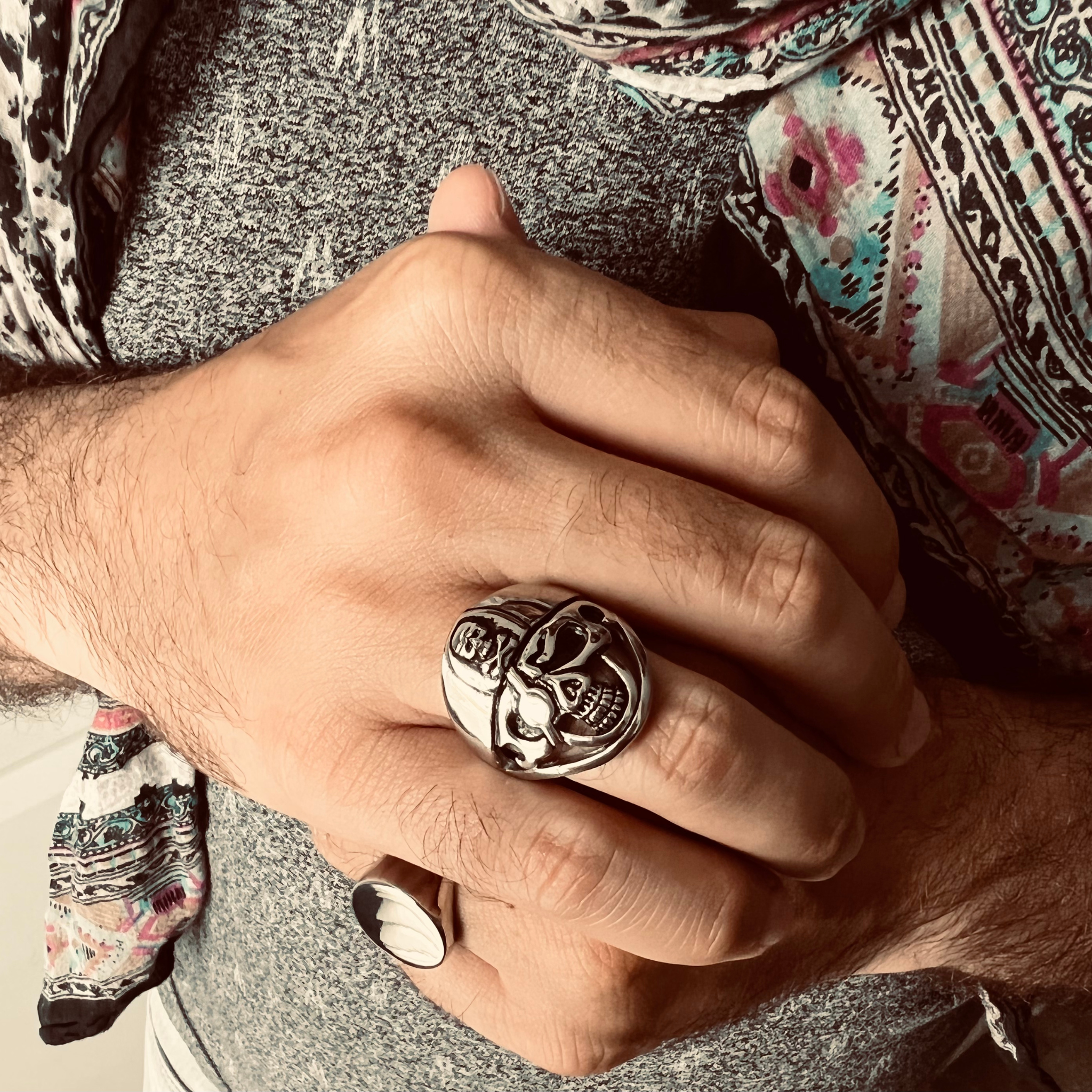 Detailed Eye Patch Skull With Skull Hat Stainless Steel Ring