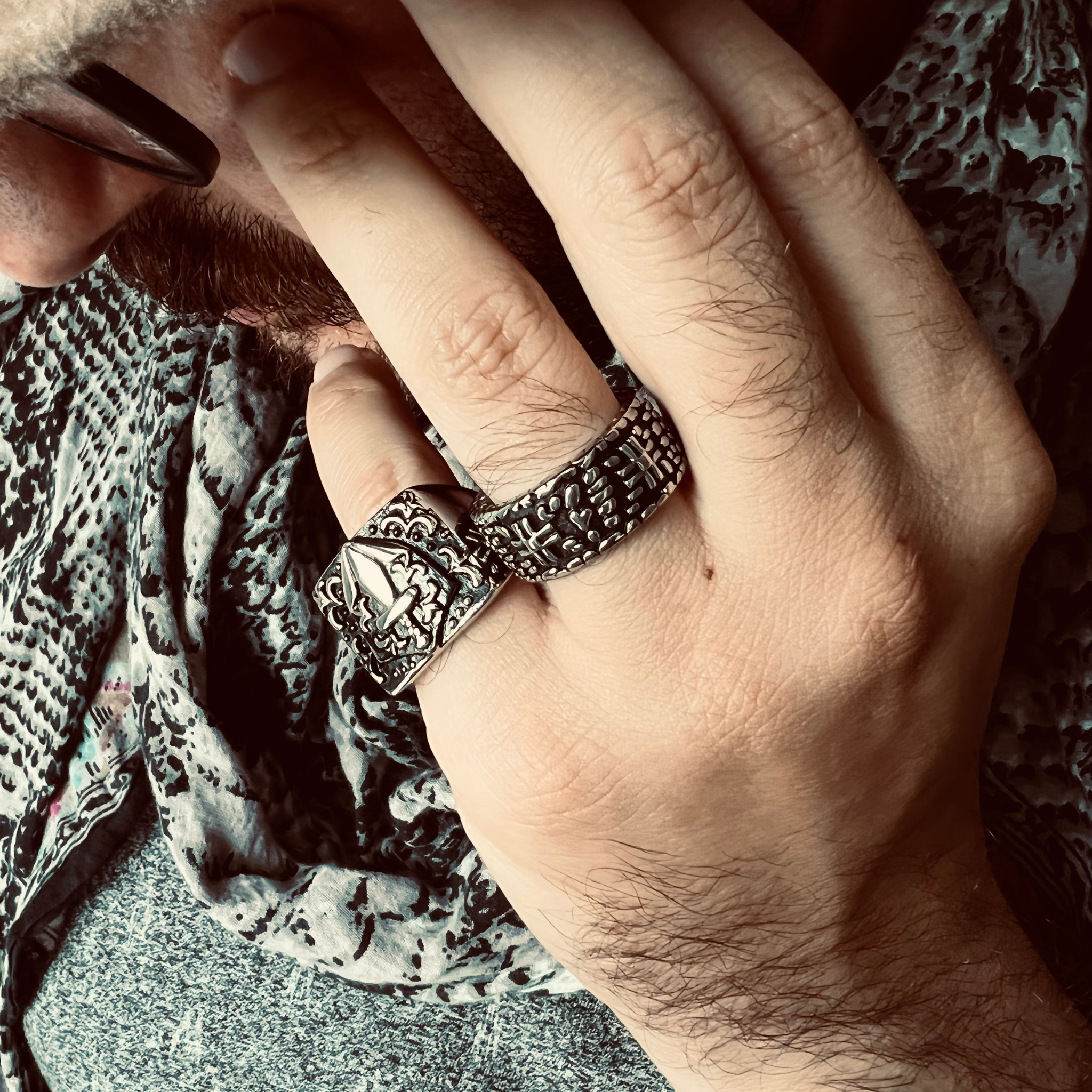Detailed Cross In Stone Wall Stainless Steel Ring