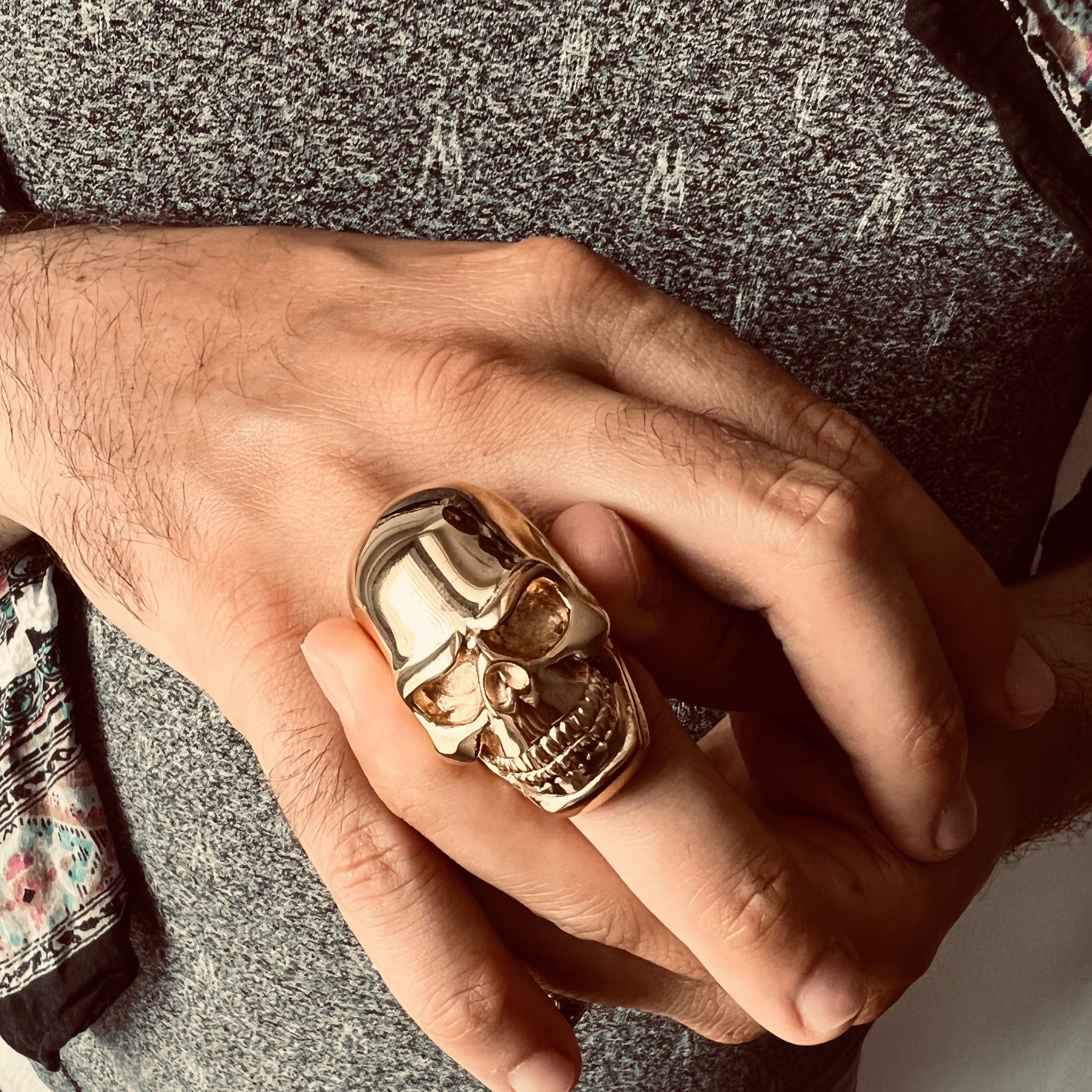 Detailed 18K Gold PVD Coated Grinning Skull Stainless Steel Ring