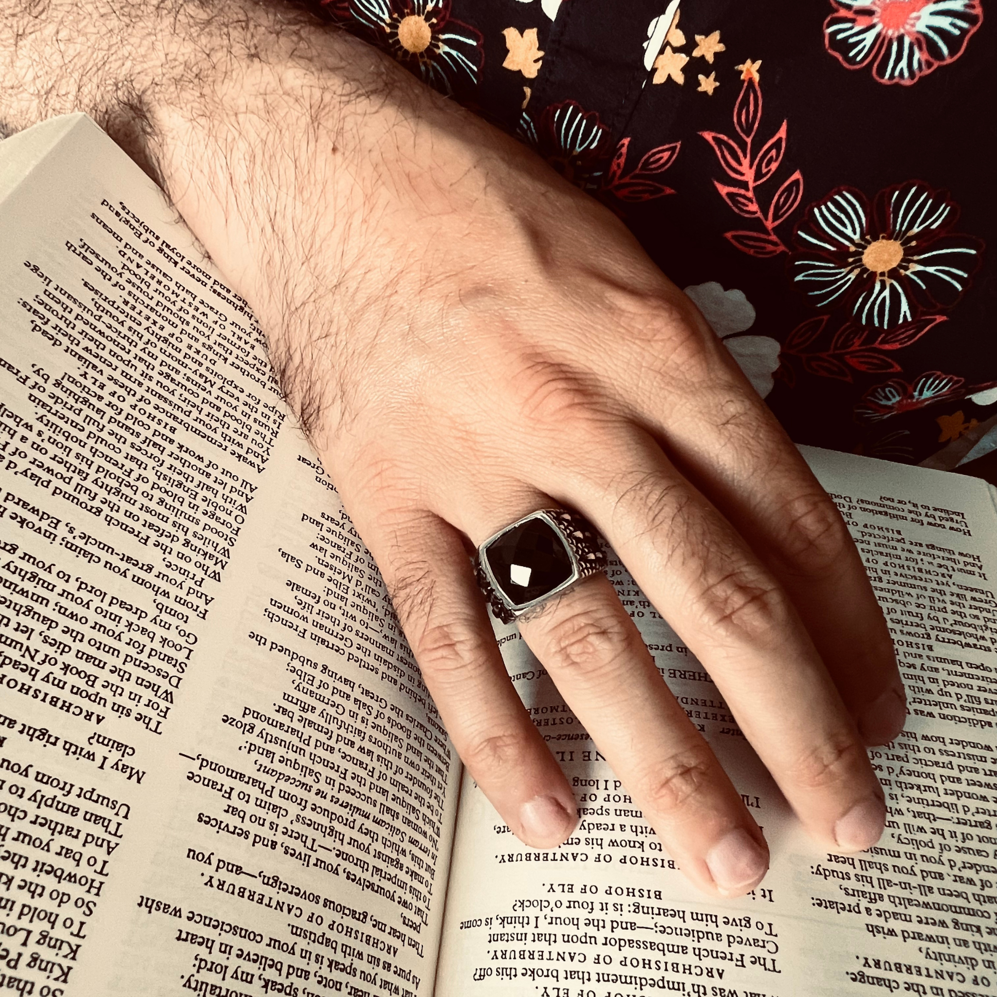Detailed Cubed Center Black Stone Stainless Steel Ring