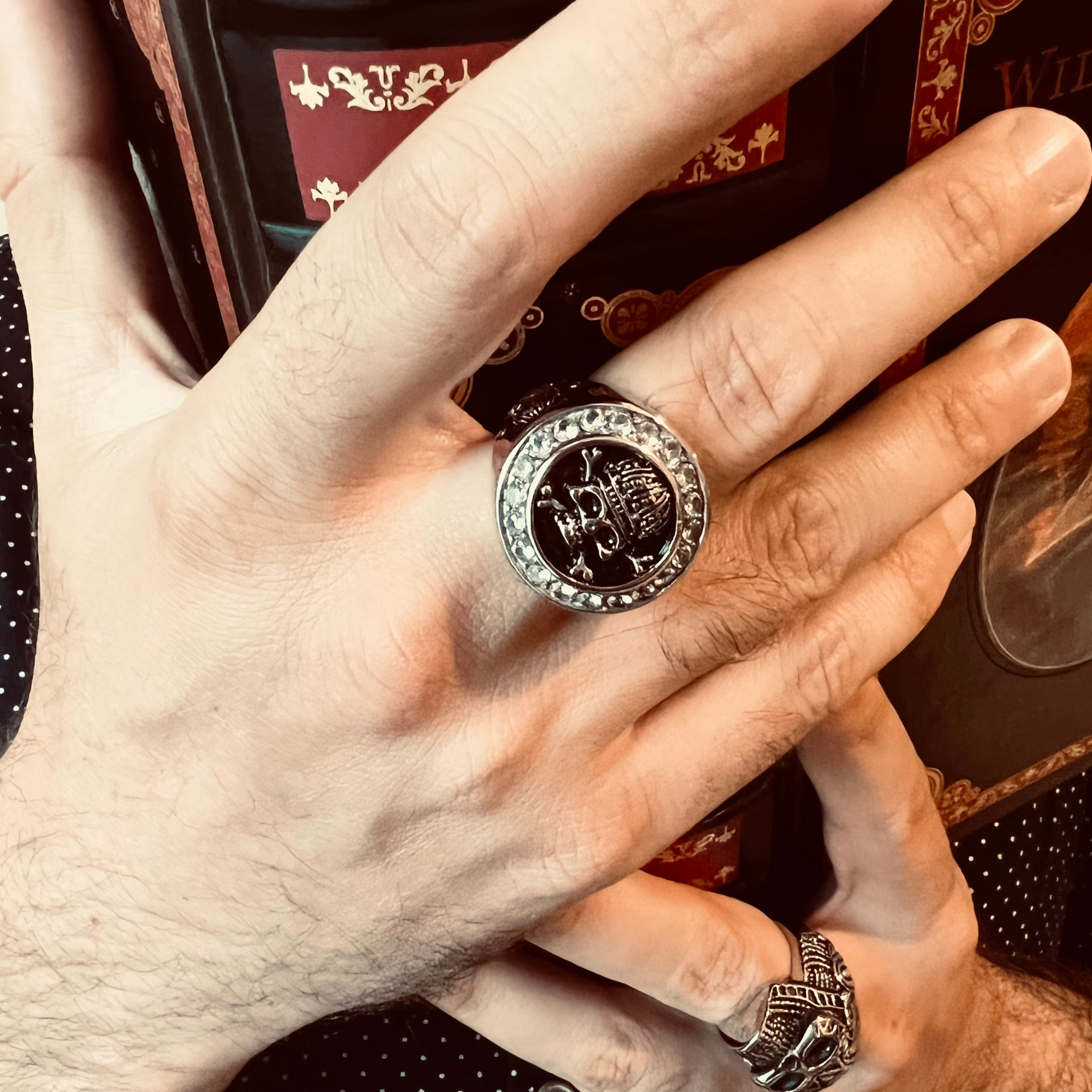 Stainless Steel King Skull And Crossbones With CZ Accent Stones Signet Ring