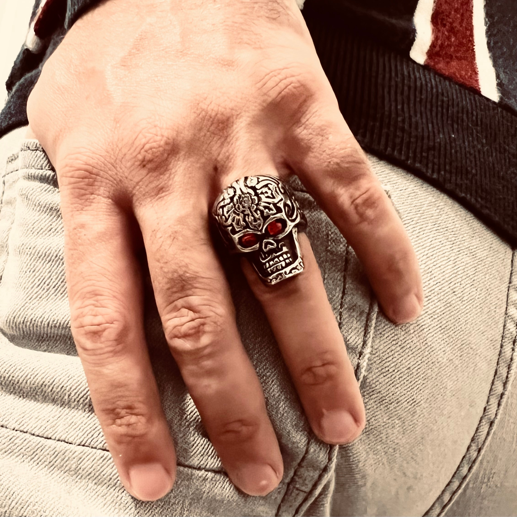 Large Red CZ Eyed Detailed Skull Stainless Steel Ring