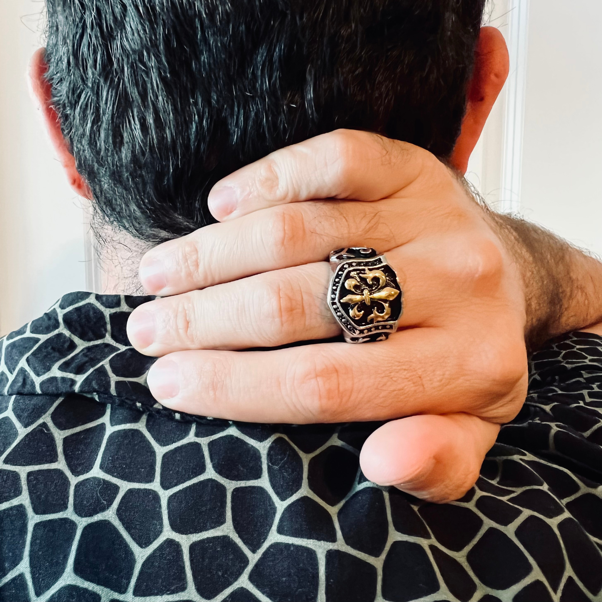 Stainless Steel 18K Gold PVD Coated Fleur De Lis Shield Signet Ring