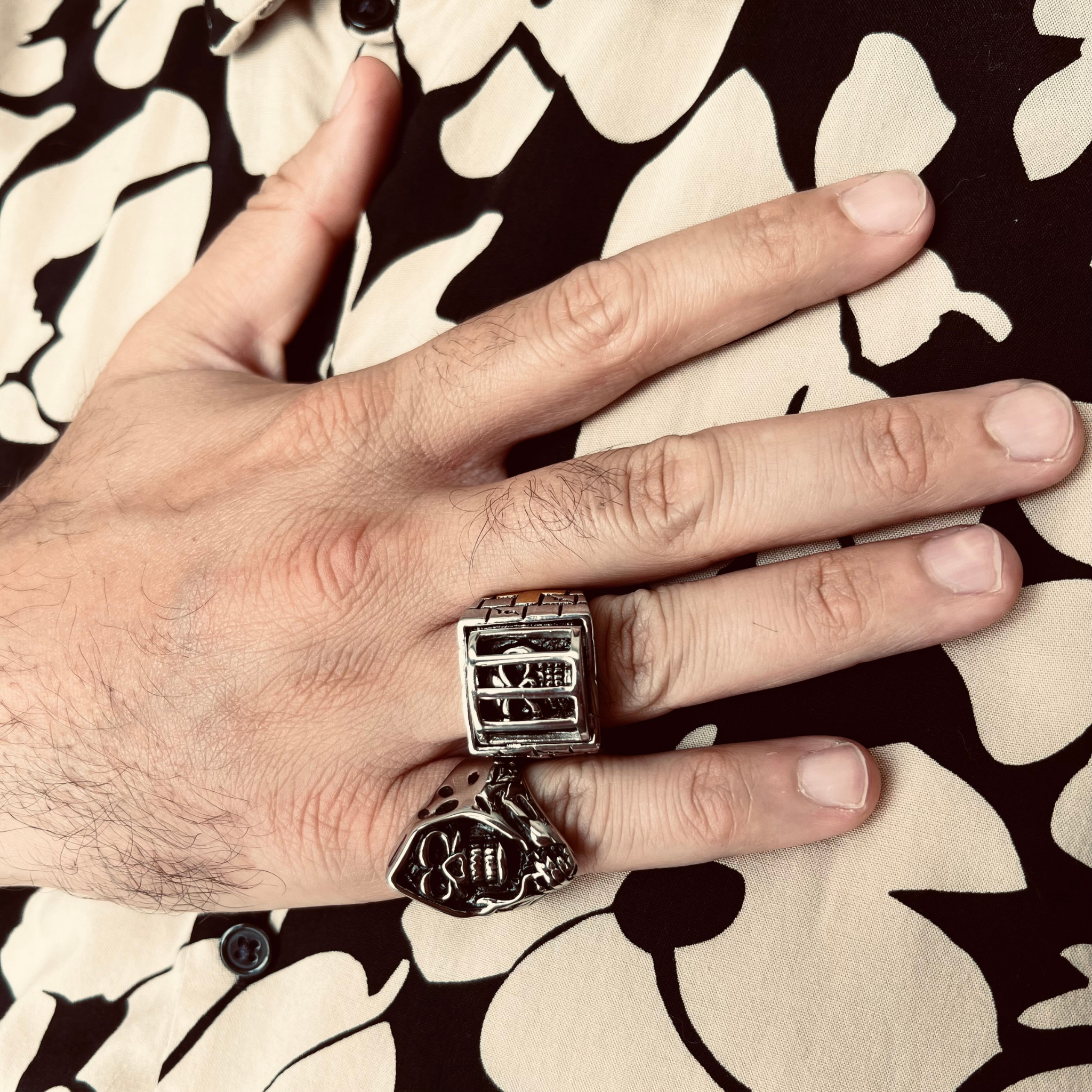 Stainless Steel Medieval Jailed Skull With 18K Gold PVD Coated Cross Accents Ring