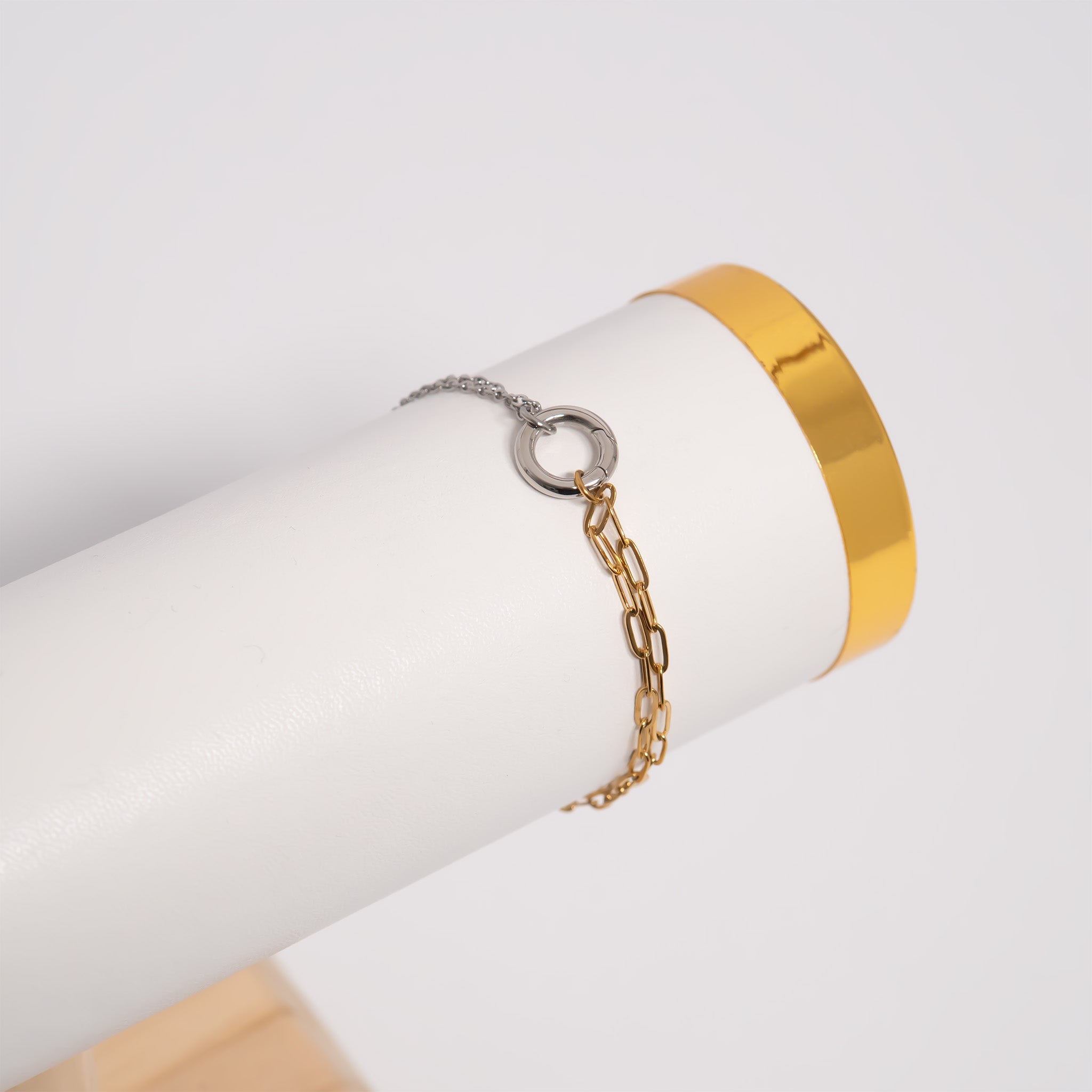 18K Gold PVD Mixed Metal Double Chain Charm Holder Bracelet