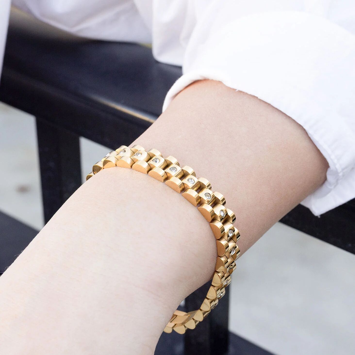 18K Gold Stainless Steel Watch With Stones Band Bracelet