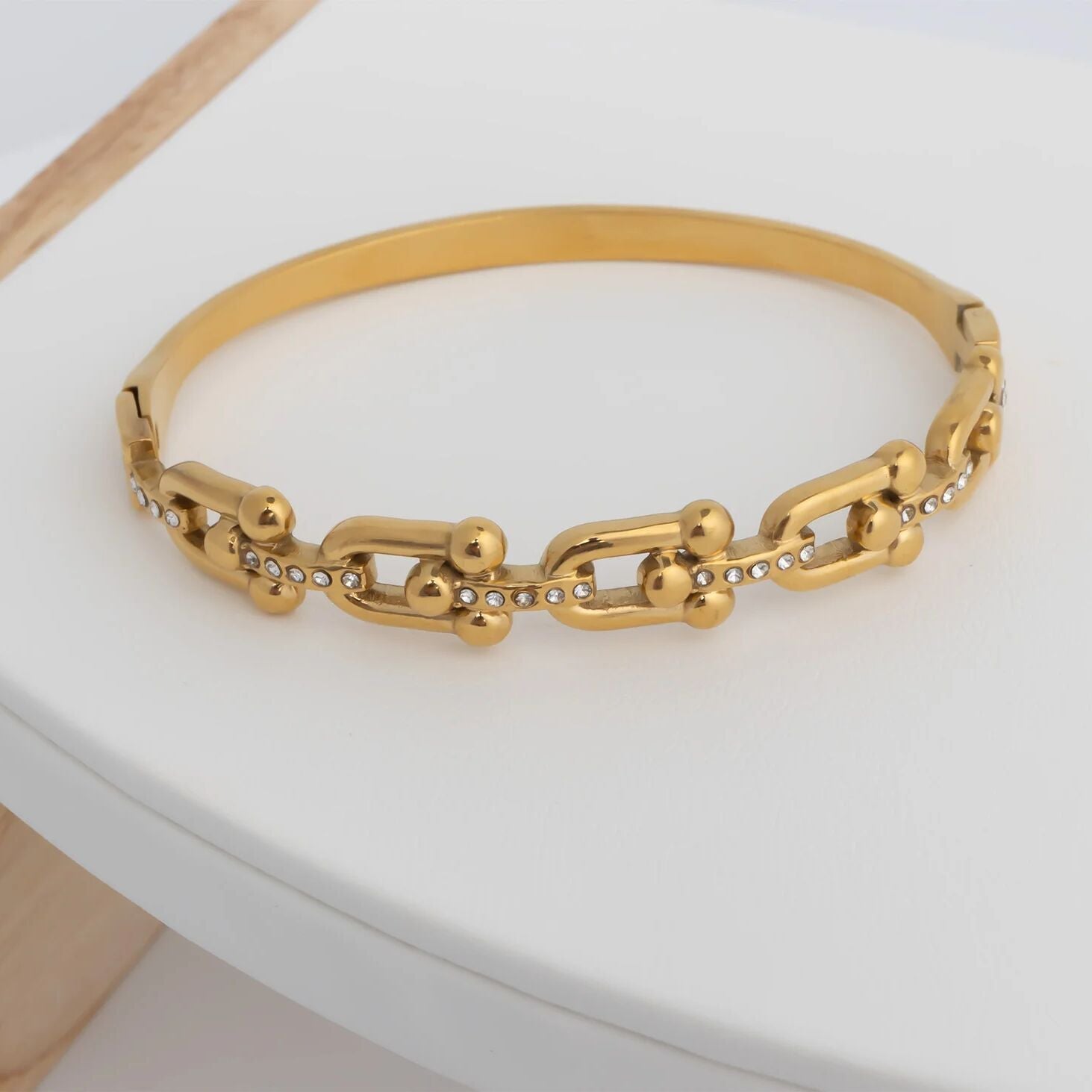 18K Gold PVD Stainless Steel Stone Hardware Bangle Bracelet