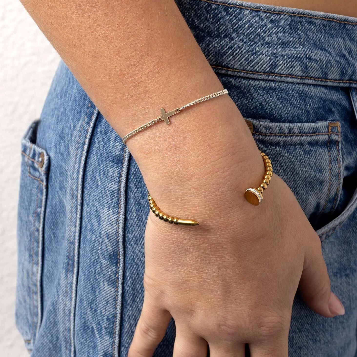 18K Gold PVD Stainless Steel Beaded Nail Bangle Bracelet With Stones