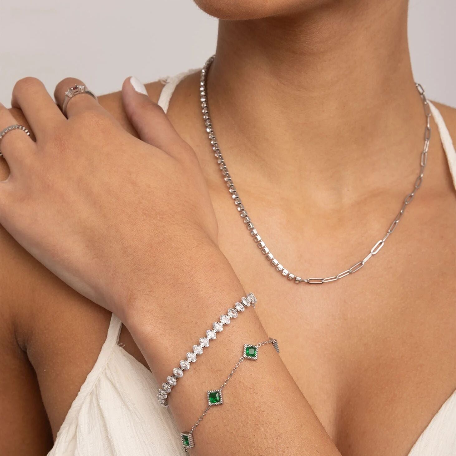 18K Gold PVD Stainless Steel Emerald Stone Station Bracelet