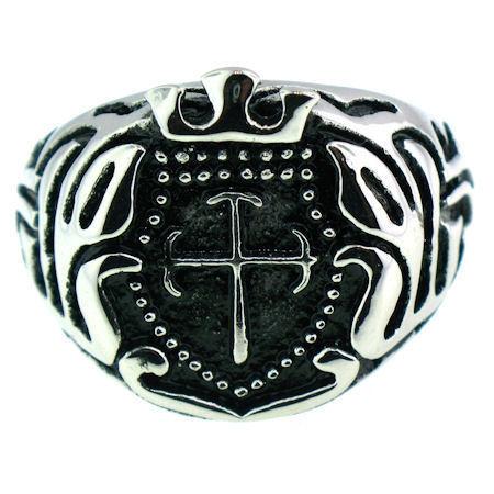 Stainless Steel Studded Filigree Cross Signet Ring