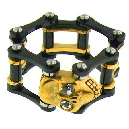 Clear CZ Eyed 18K Gold PVD Coated Skull Black Bike Chain Stainless Steel Ring
