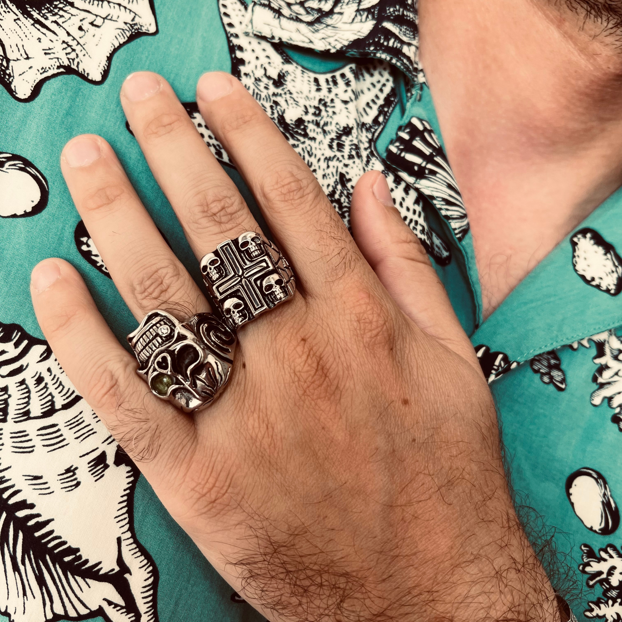 Stainless Steel Polished Multi Skull Cross Signet Ring