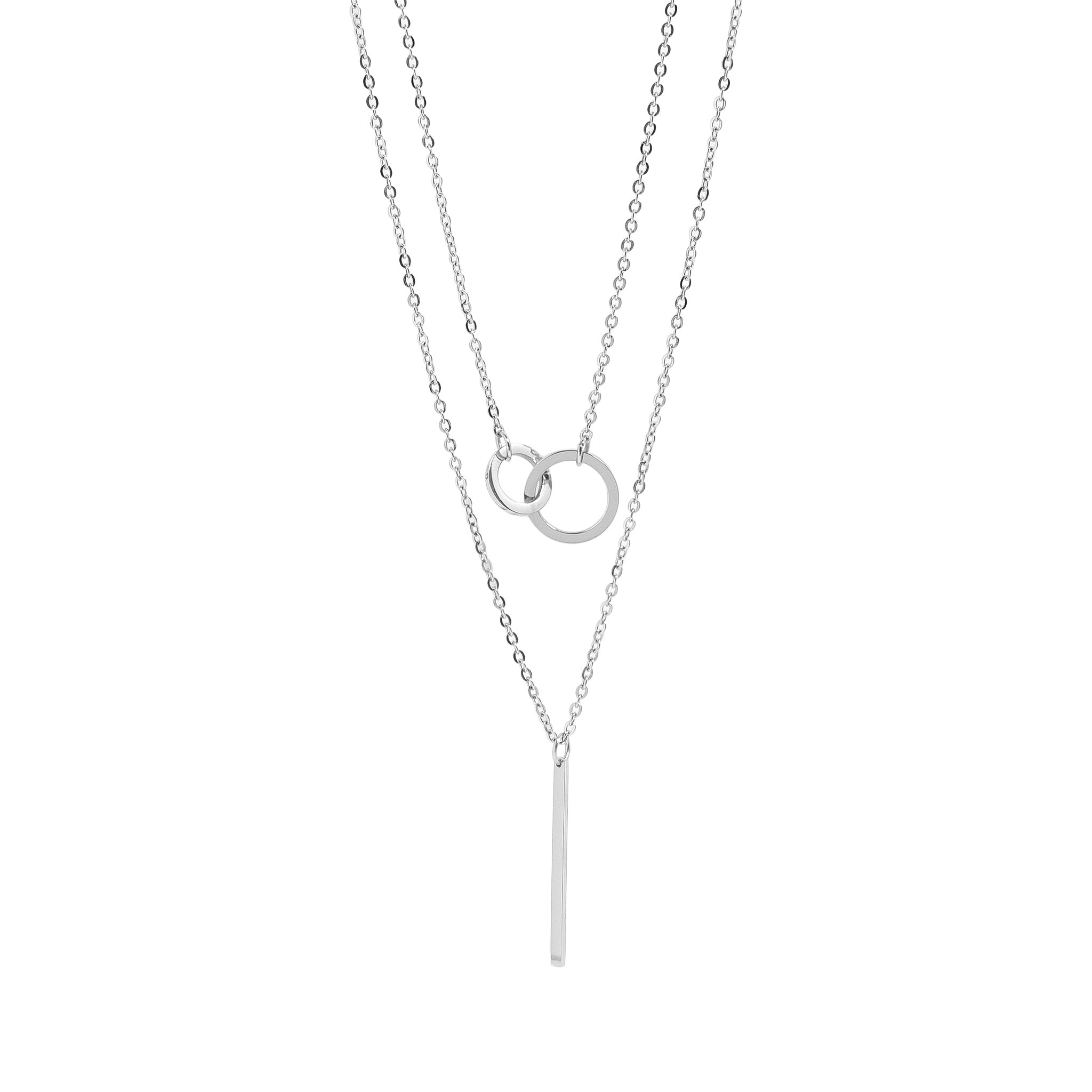 18K Gold PVD Stainless Steel Interlocked Circle and Bar Layered Charm Necklace