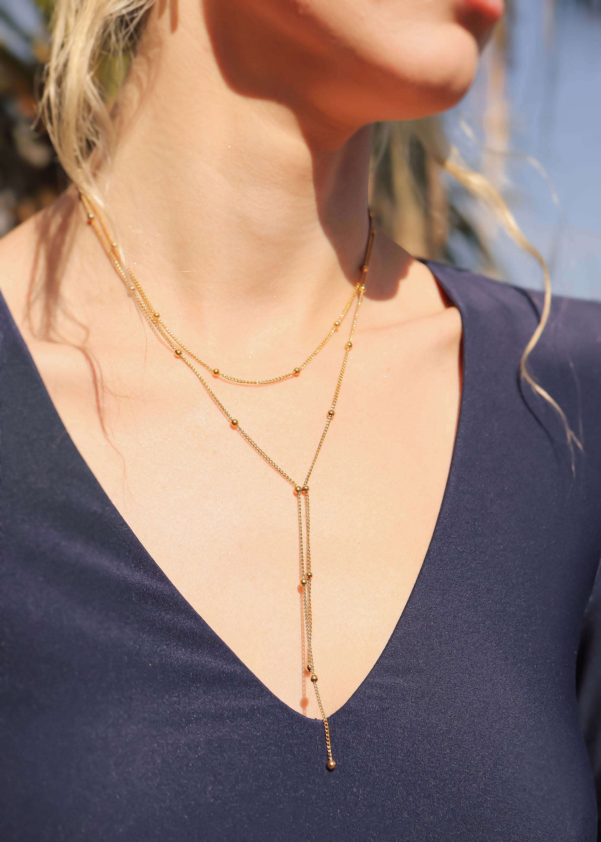 18K Gold PVD Stainless Steel Lariat Necklace Double Ball Bead