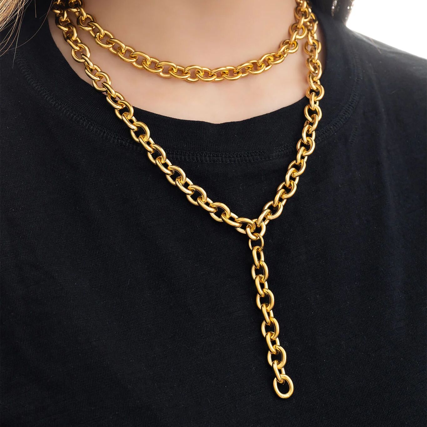 18K Gold PVD Stainless Steel Chunky Chain Lariat Necklace