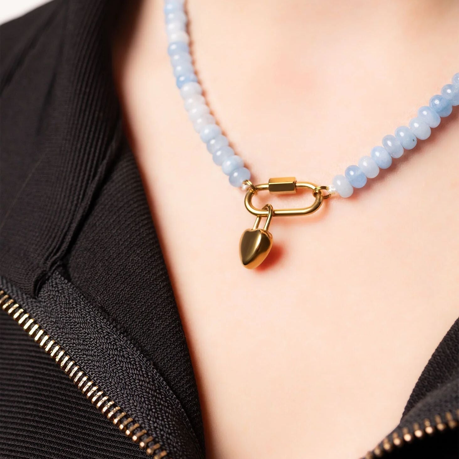 Stainless Steel Blue Chunky Glass Bead Carabiner Necklace
