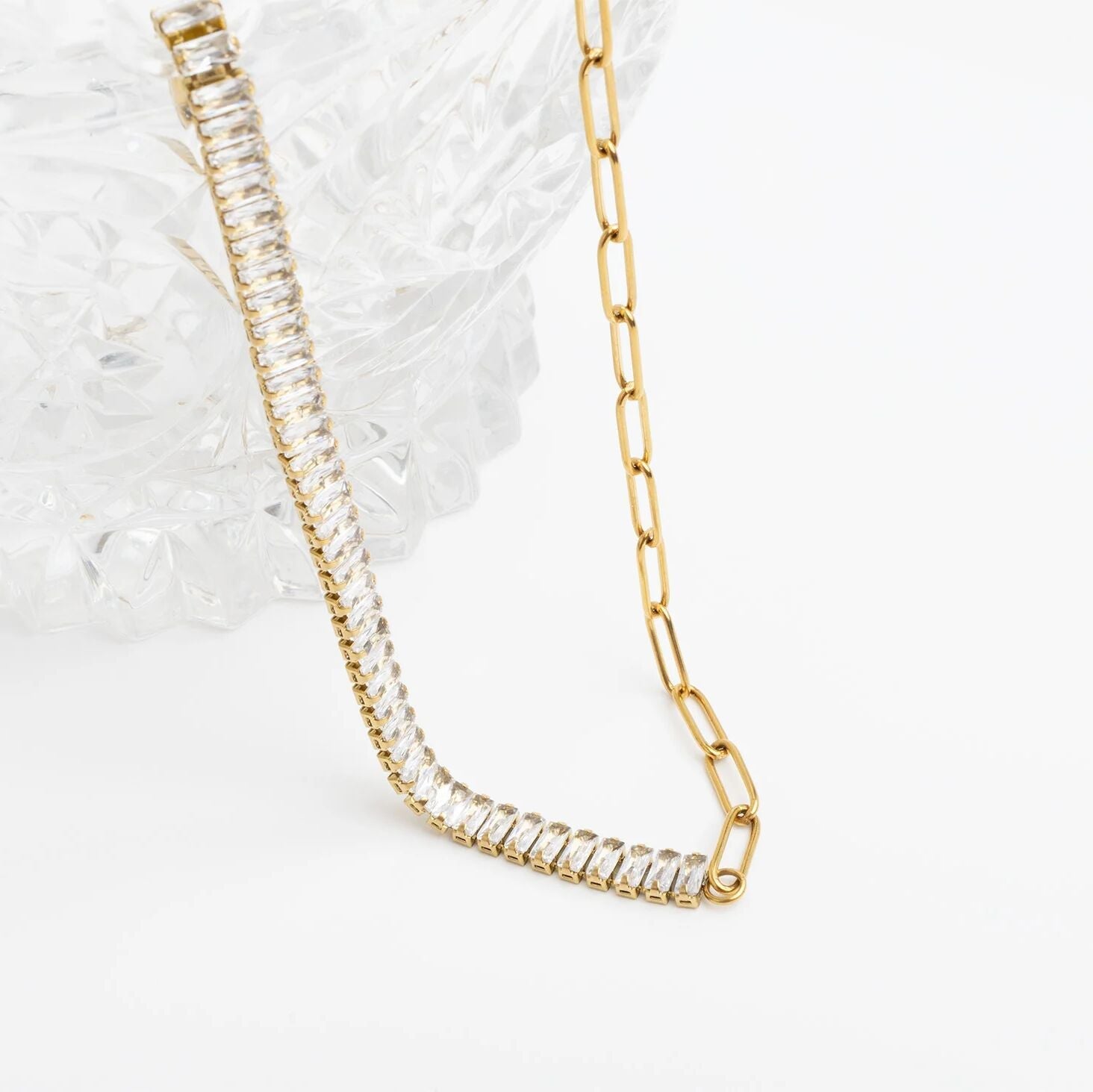 18K Gold PVD Stainless Steel Paperclip Emerald CZ Tennis Chain Split Necklace