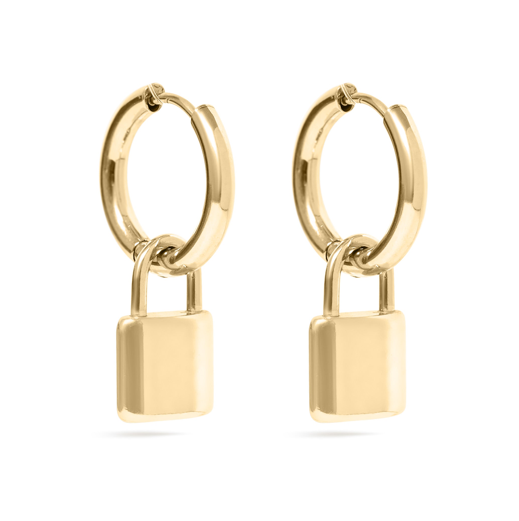 18K Gold PVD Stainless Steel Padlock Pendant Hoop Earrings