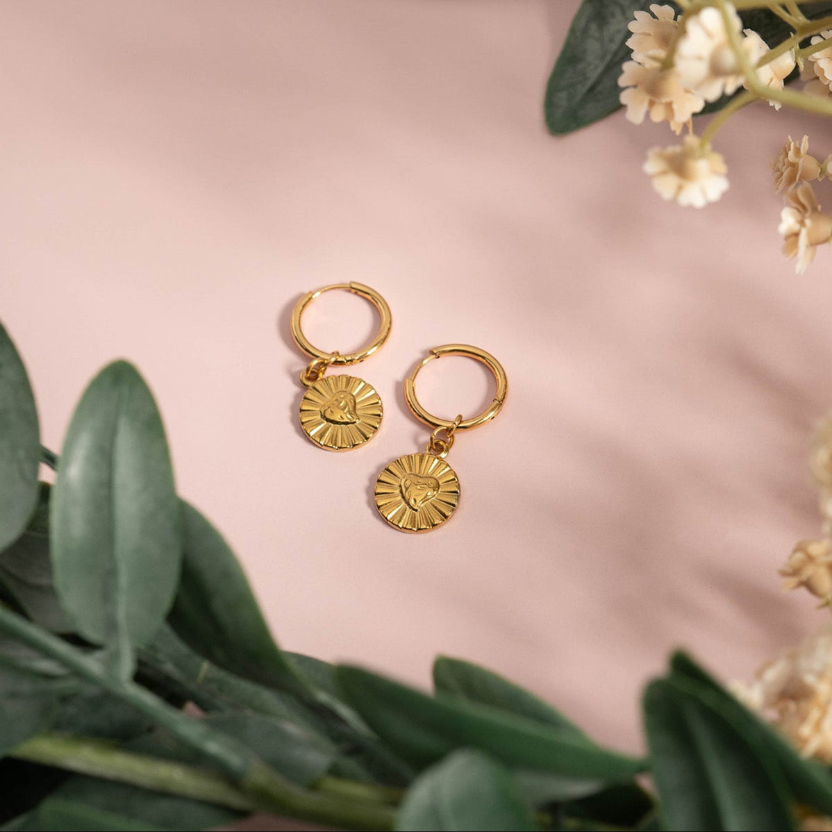 18K Gold PVD Sunburst Heart Huggie Earring