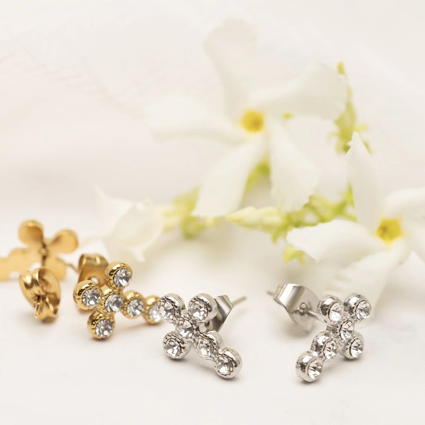 18K Gold PVD Stainless Steel Round Stone Cross Earrings