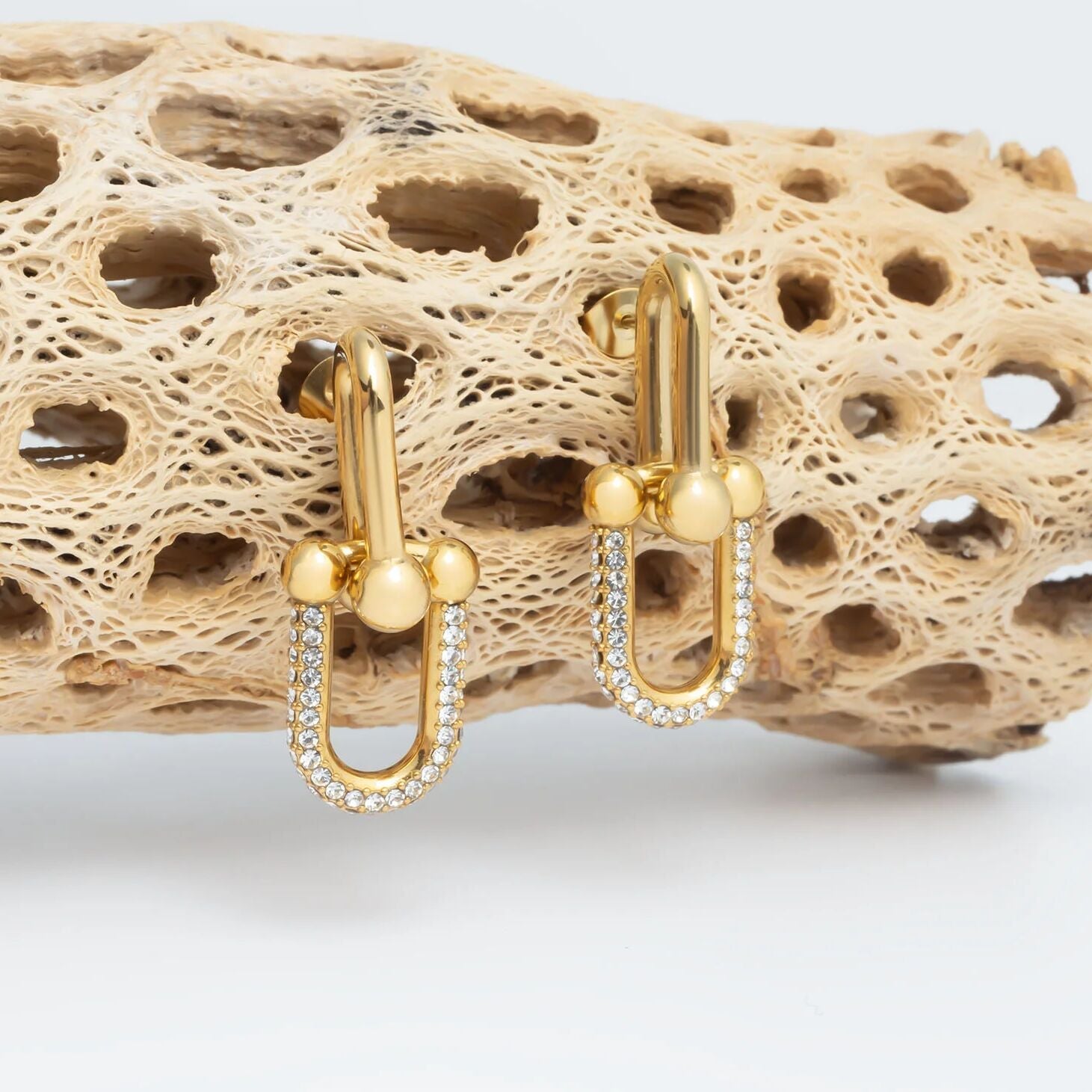 18K Gold PVD Stainless Steel ULock Chain Earrings with CZ Stones