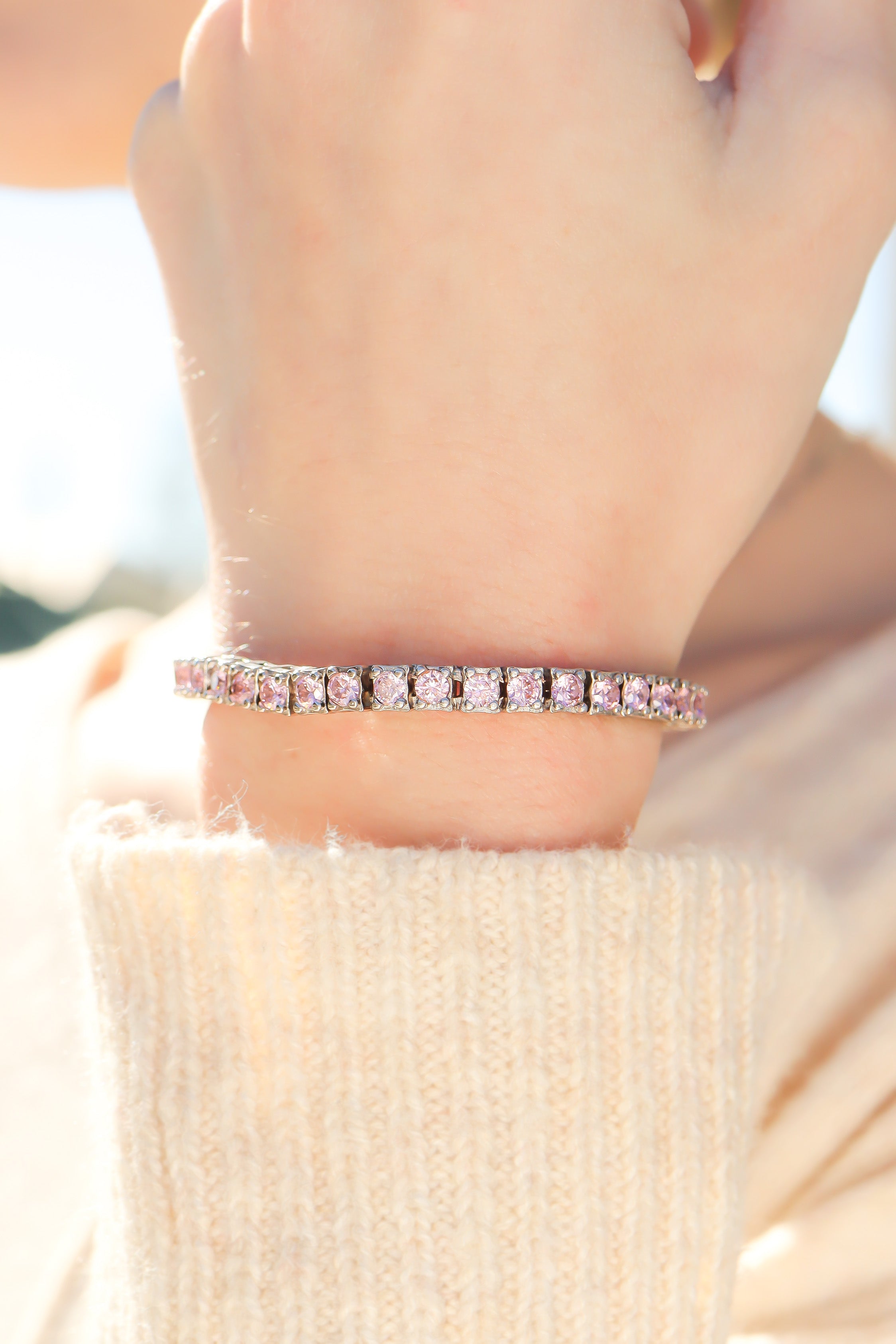 White Gold Over Brass Pink CZ Fashion Bracelet