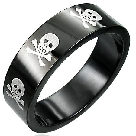 Black With White Skulls Stainless Steel Ring