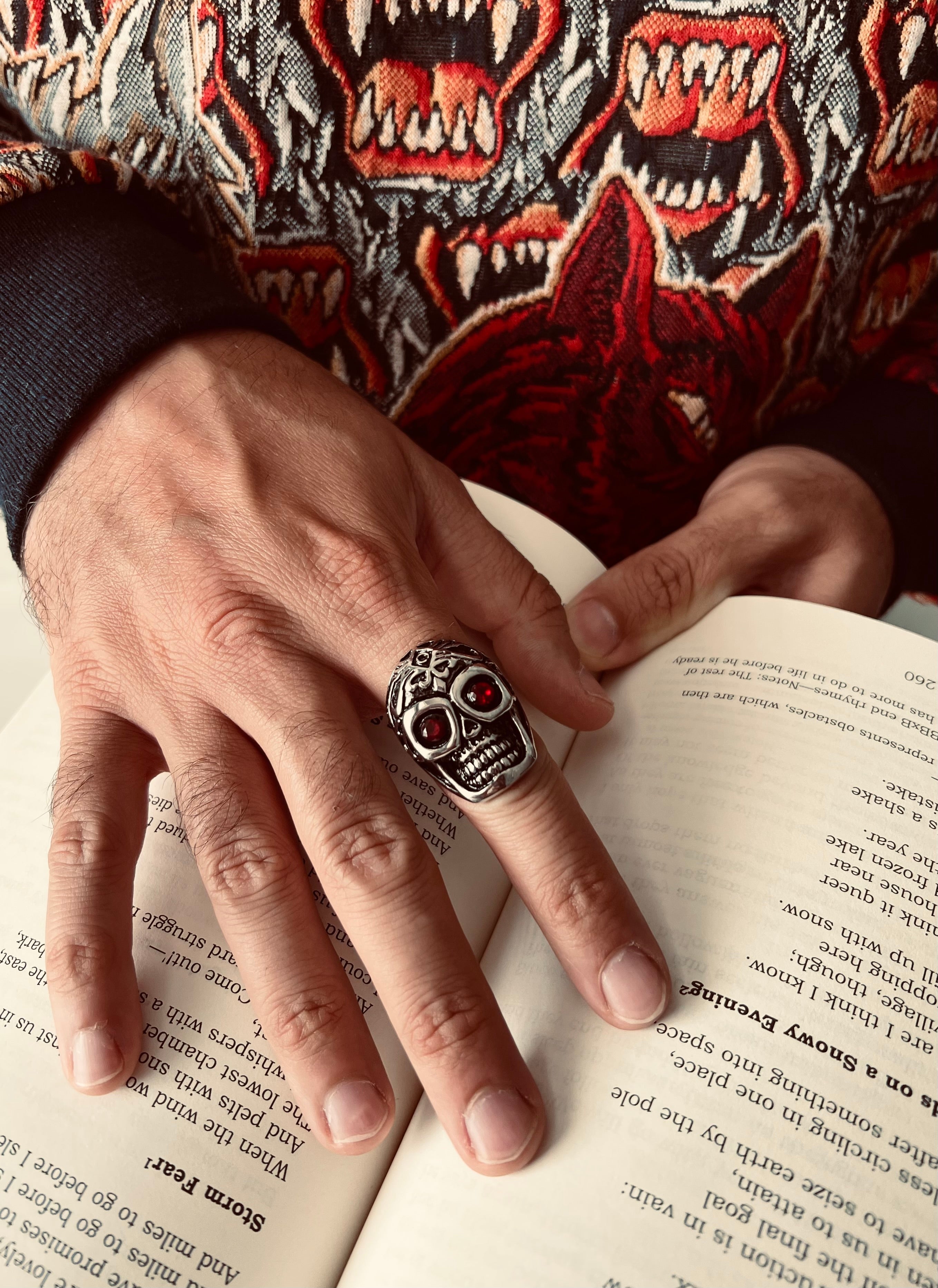 Detailed Skull With Red CZ Eyes Stainless Steel Polished Ring