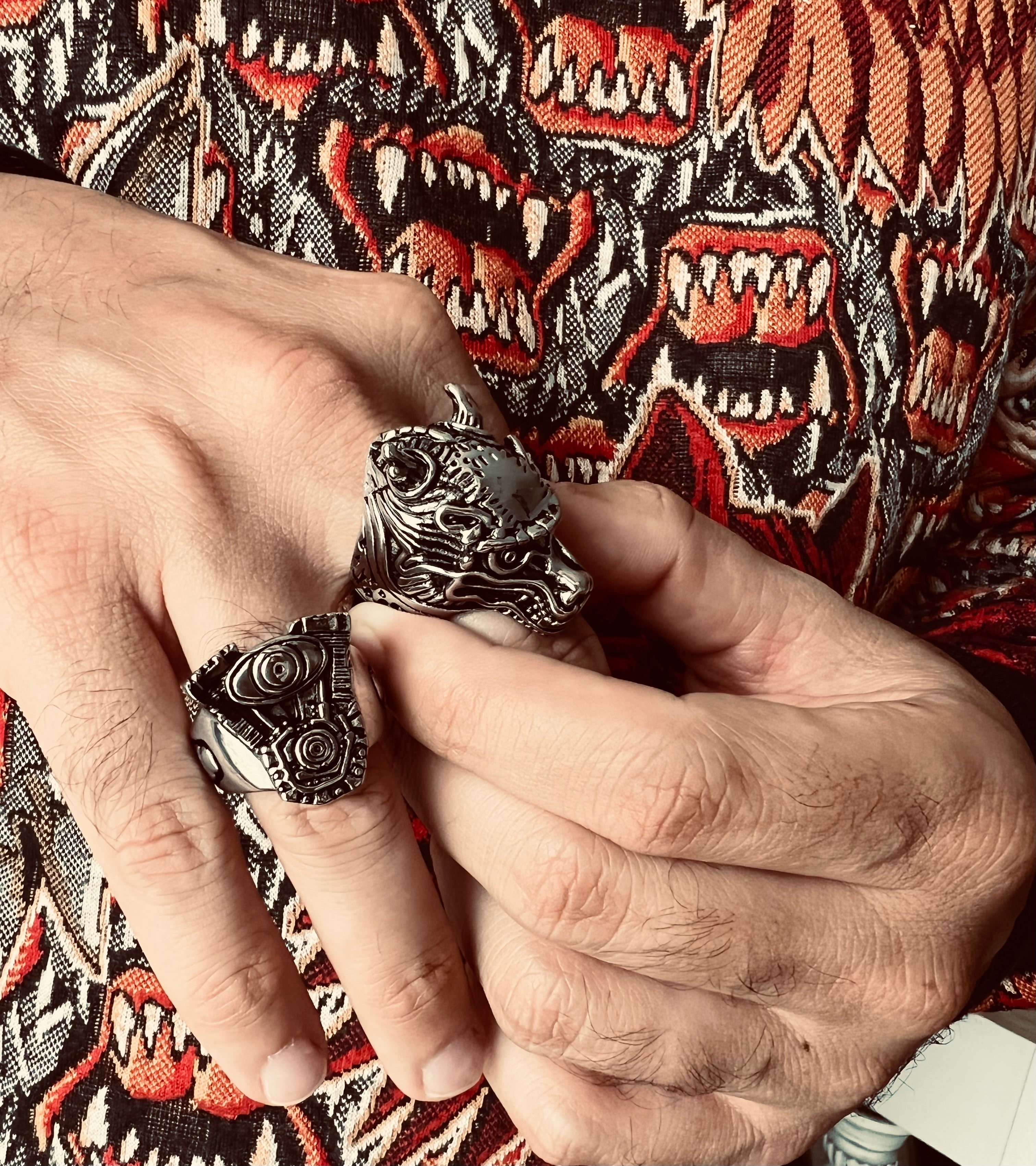 Stainless Steel Motorcycle Engine With Skull Accents Ring