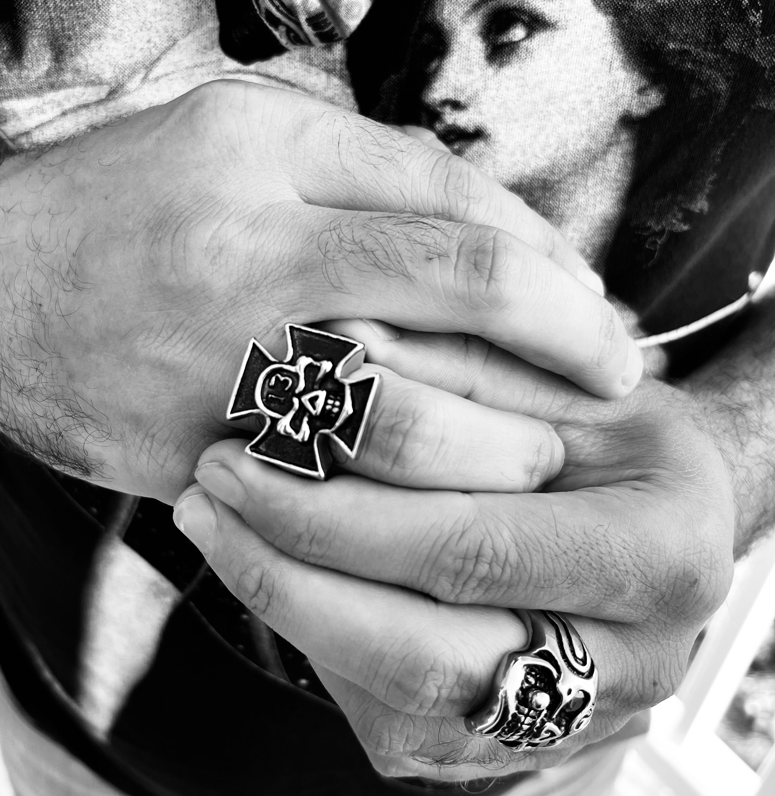 Stainless Steel "13" Skull Maltese Cross Signet Ring