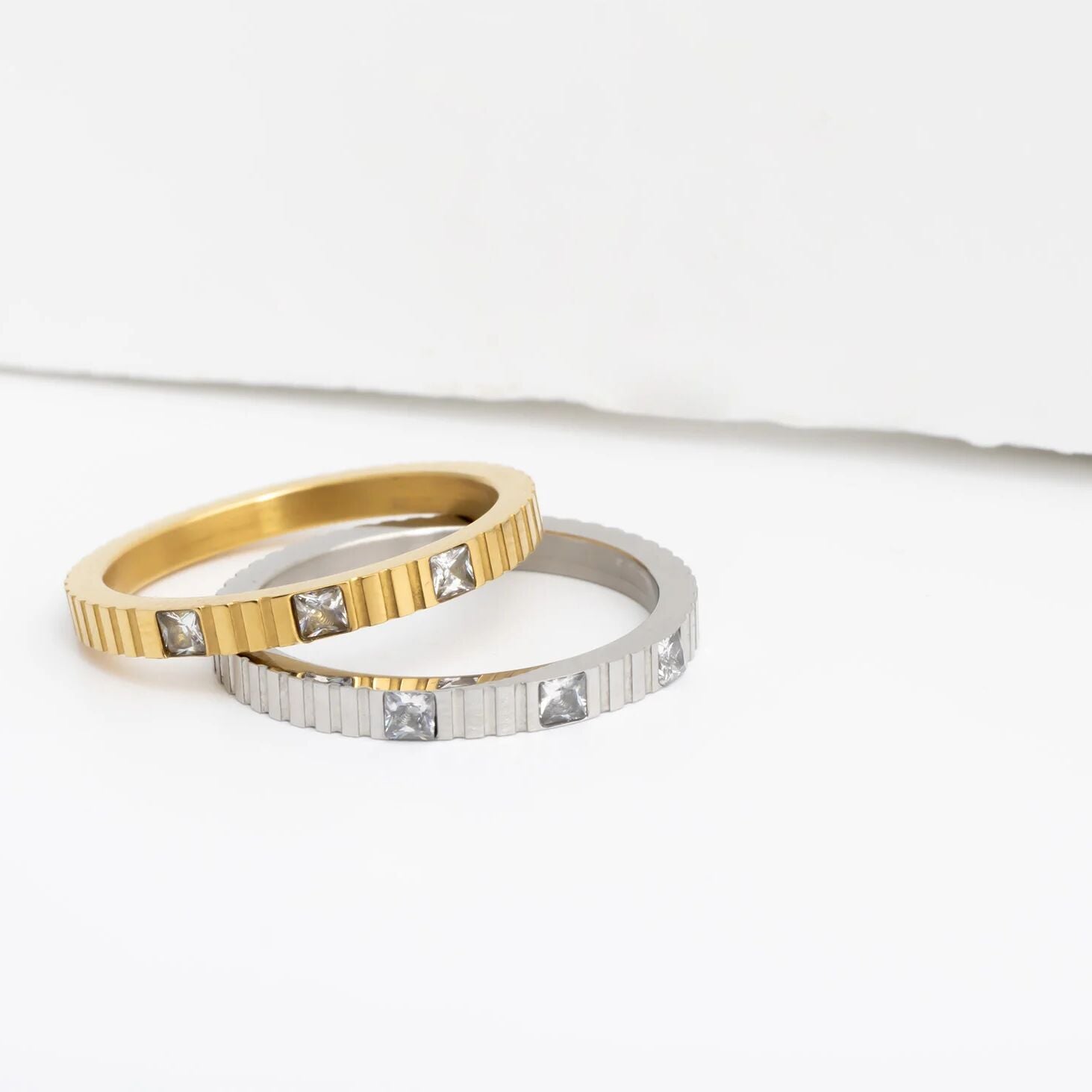 18K Gold Stainless Steel Triple Stone Fluted Stacking Ring