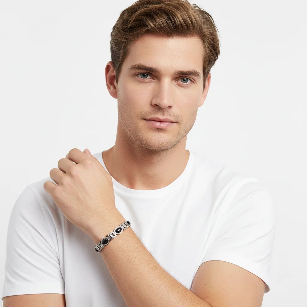 Stainless Steel Magnetic and Germanium Bracelet with Black Stones