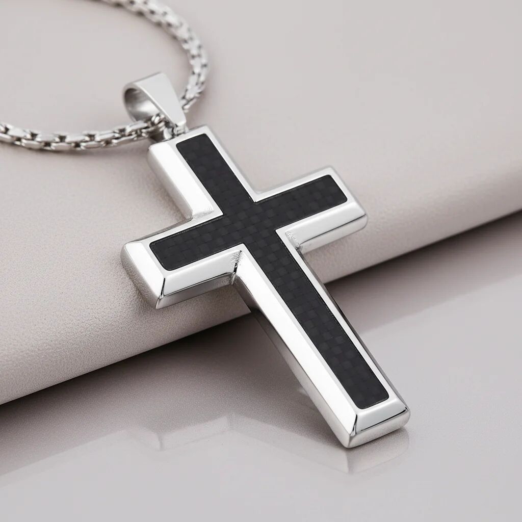 Stainless Steel Black Carbon Fiber Cross Pendant