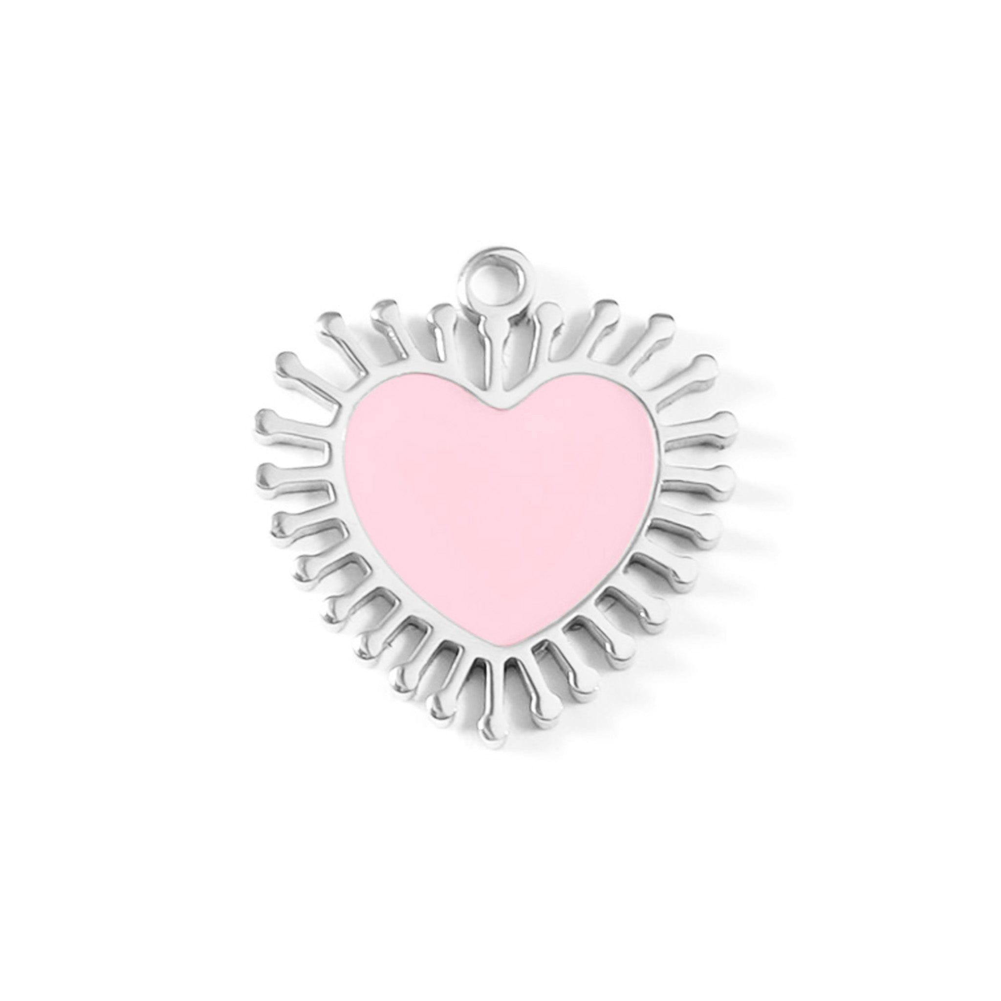 18K Gold PVD Stainless Steel Epoxy Pink Sun Ray Heart Charm