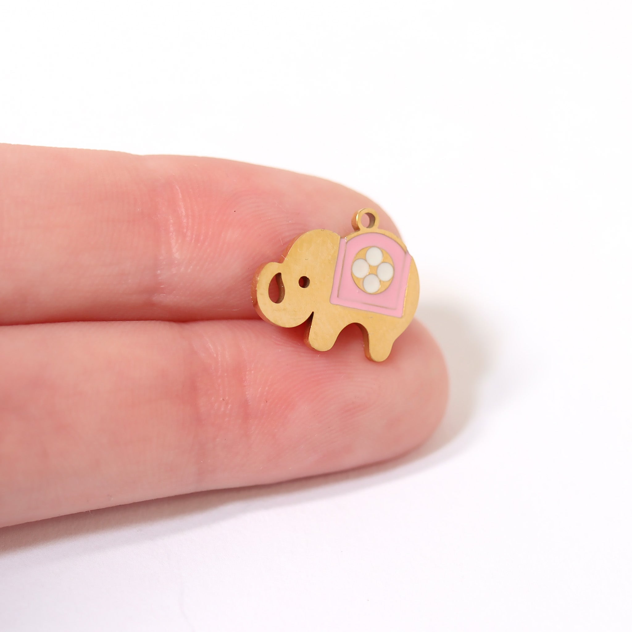 18K Gold PVD Stainless Steel Pink Epoxy Elephant Charm