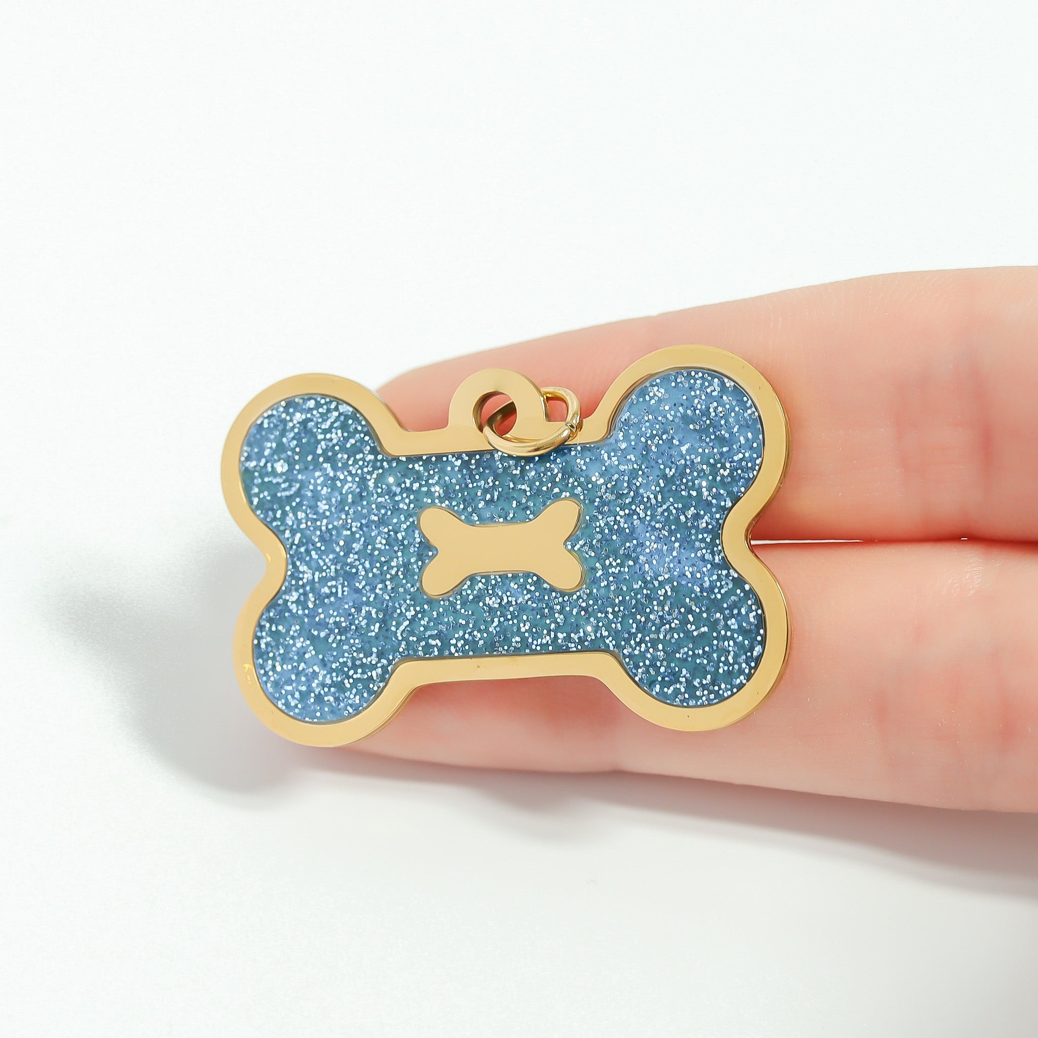 18K Gold PVD Stainless Steel Large Dog Bone Pet Tag With Glitter Epoxy