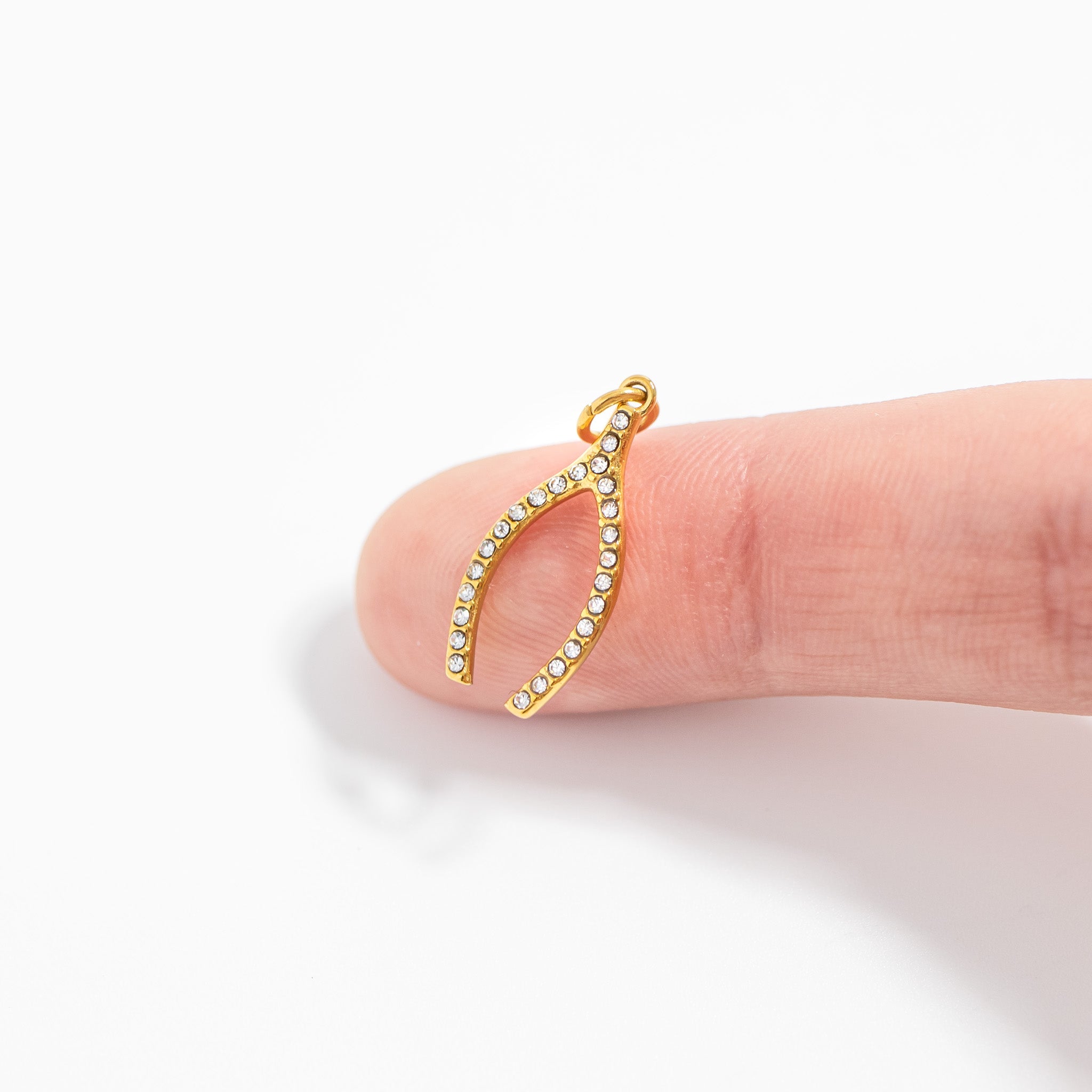 18K Gold PVD Stainless Steel Rhinestone Wishbone Charm