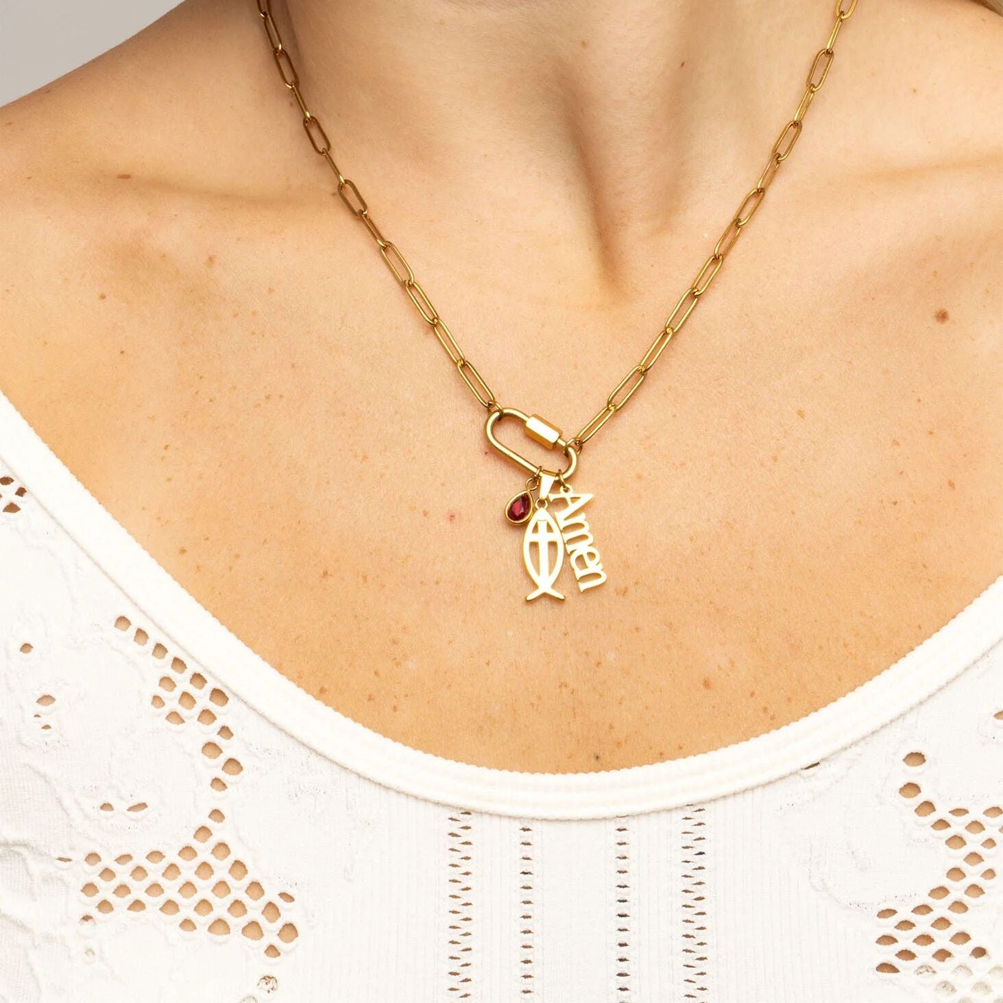 18K Gold PVD Stainless Steel Fish Charm with Cross Center