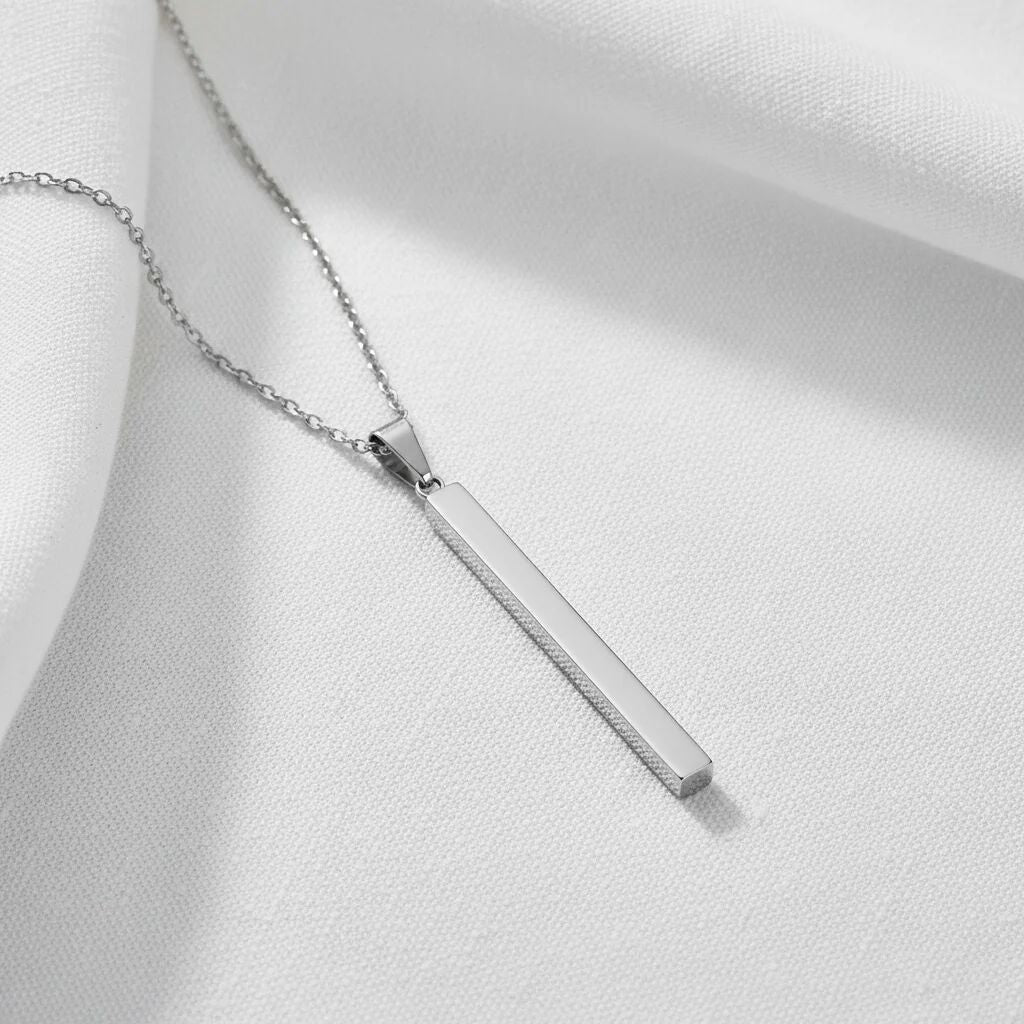 Square 4 Sided Vertical Bar Polished Stainless Steel Necklace With Top Bail