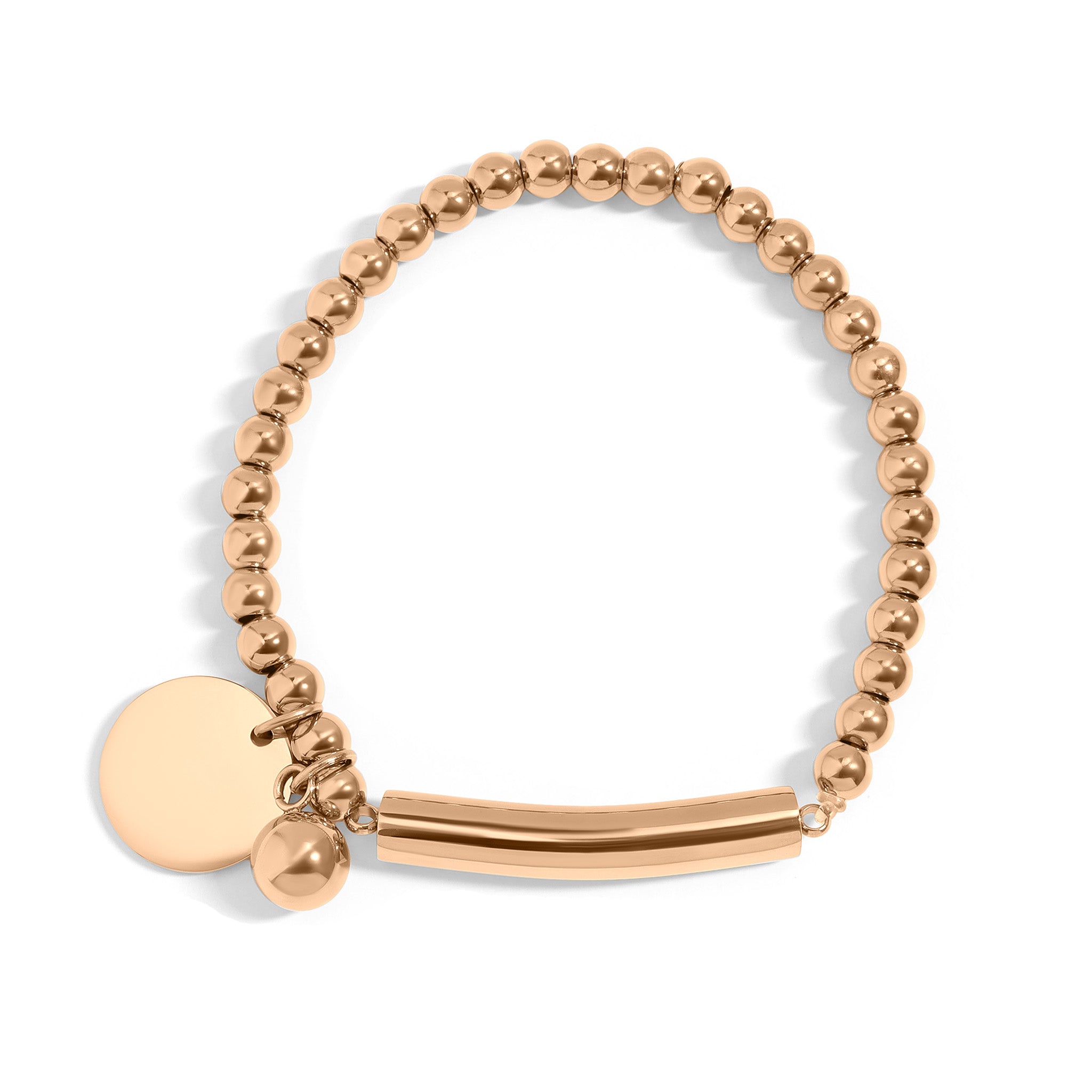 18K Gold PVD Stainless Steel Beaded Stretch Bracelet with Engravable Charm