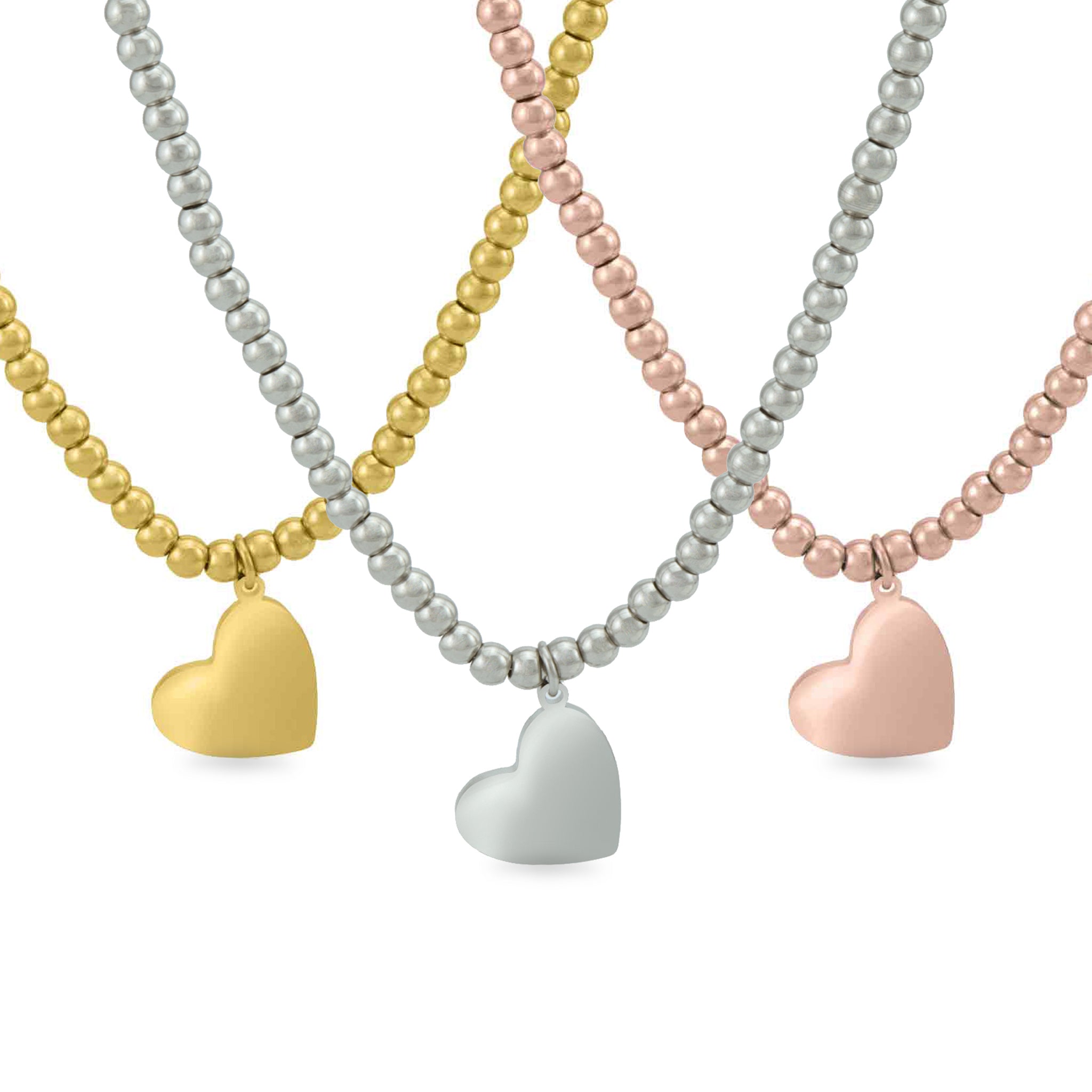 18K PVD Coated Stainless Steel Heart Beaded Necklace with 2" Extension