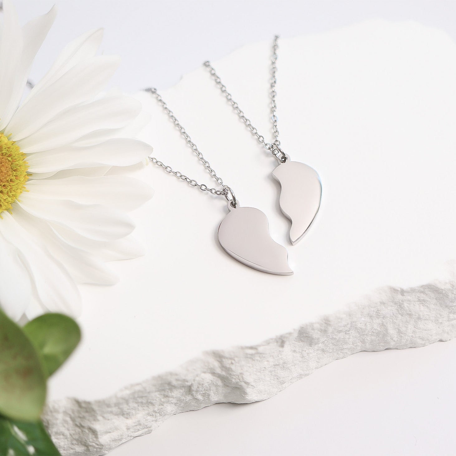 18K Gold PVD Stainless Steel Break Apart Engravable Blank Heart Necklace Set
