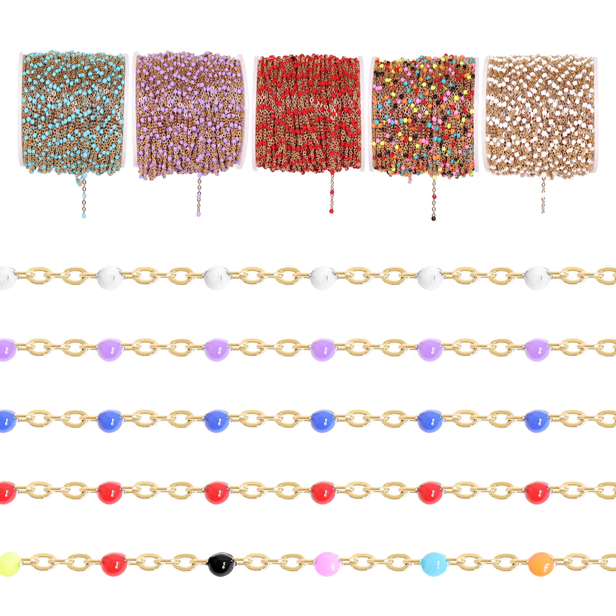 18K Gold PVD Stainless Steel Beaded Chain - By The Foot