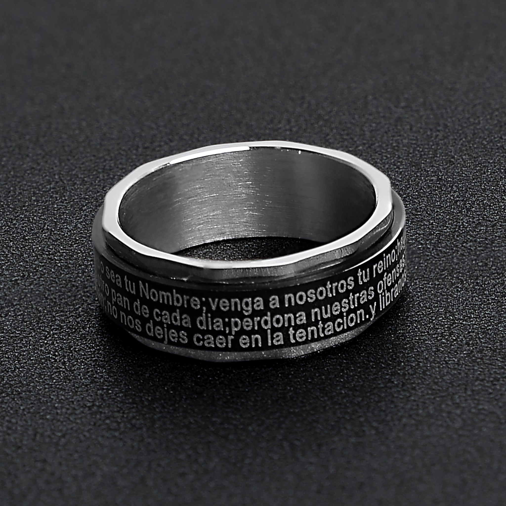 Black Stainless Steel Spanish Lord's Prayer Center Spinner Ring