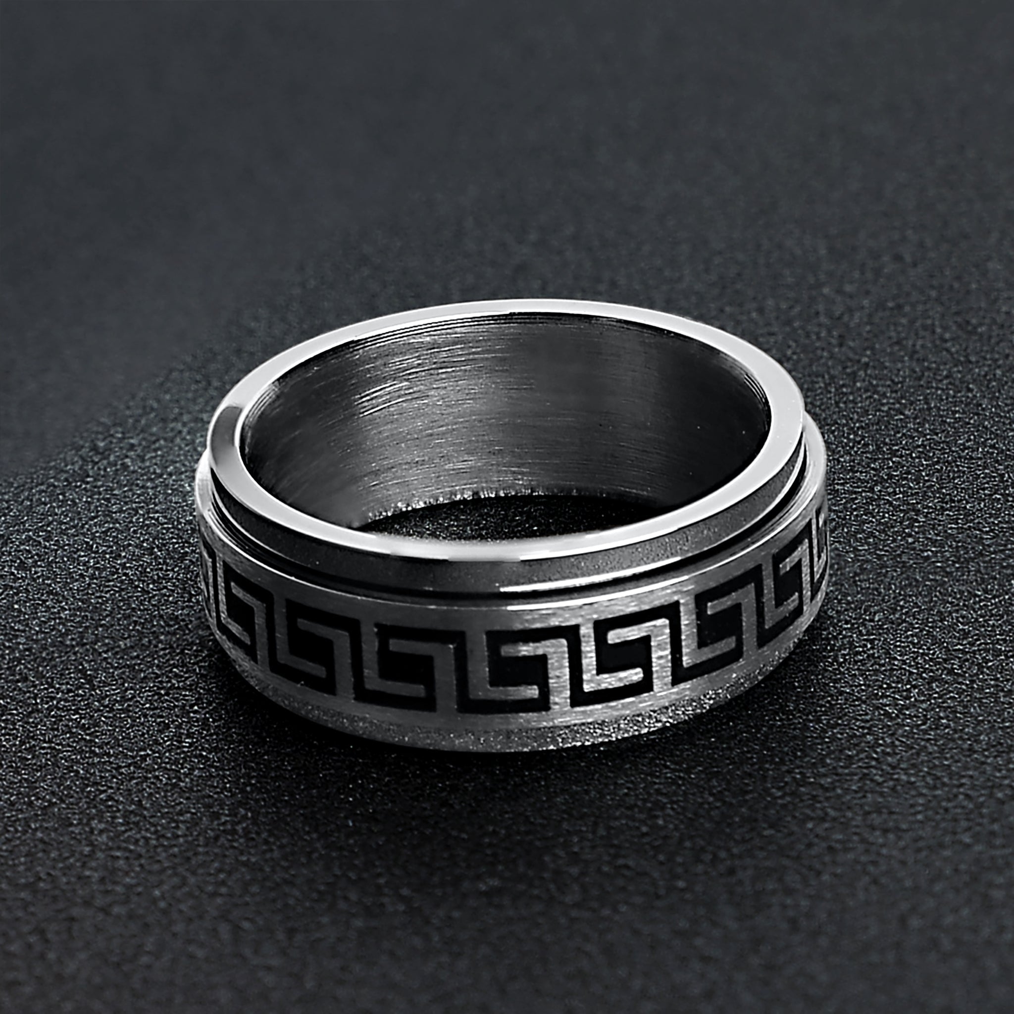 Stainless Steel Black Greek Key Spinner Center Polished Ring