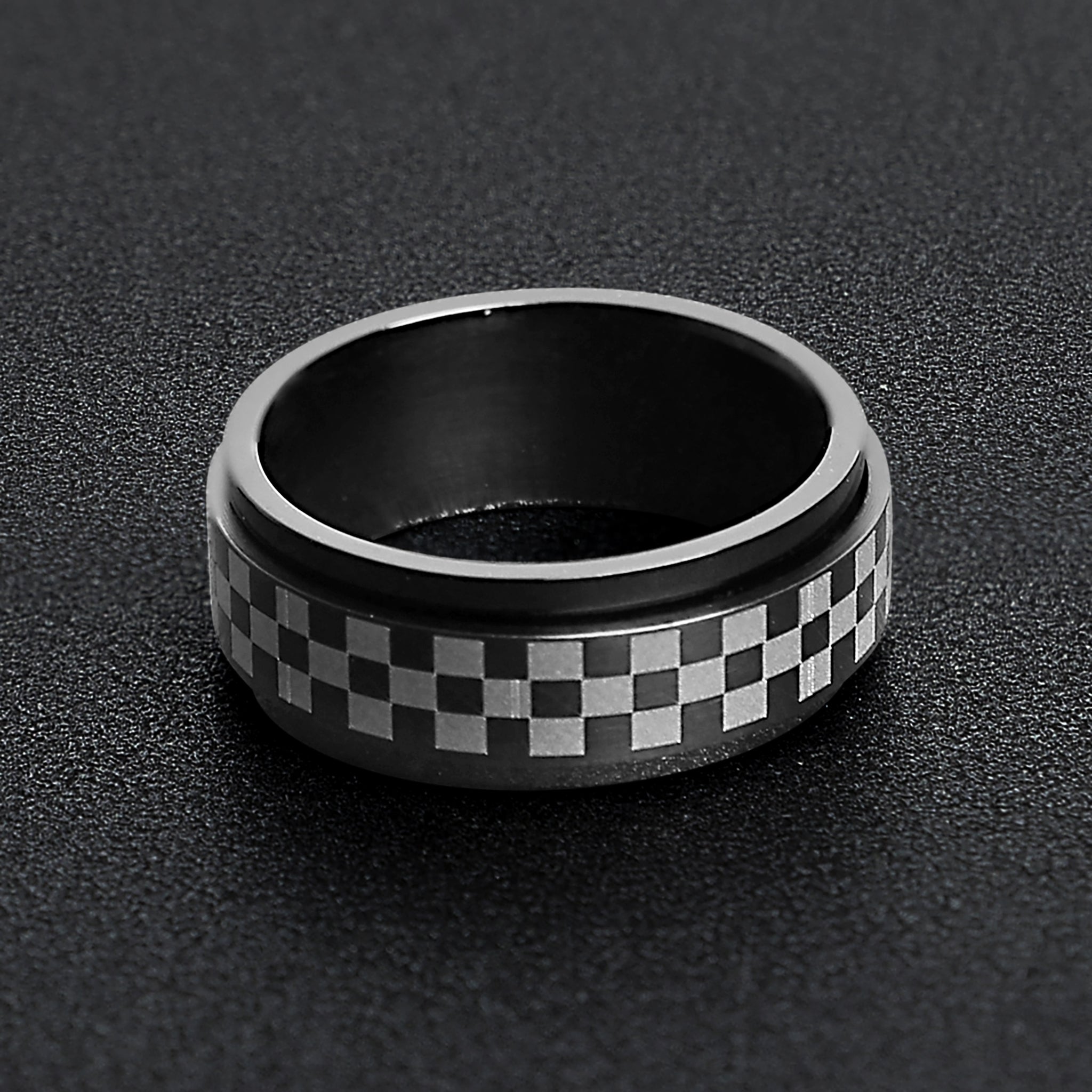 Stainless Steel Black Checker Spinner Ring