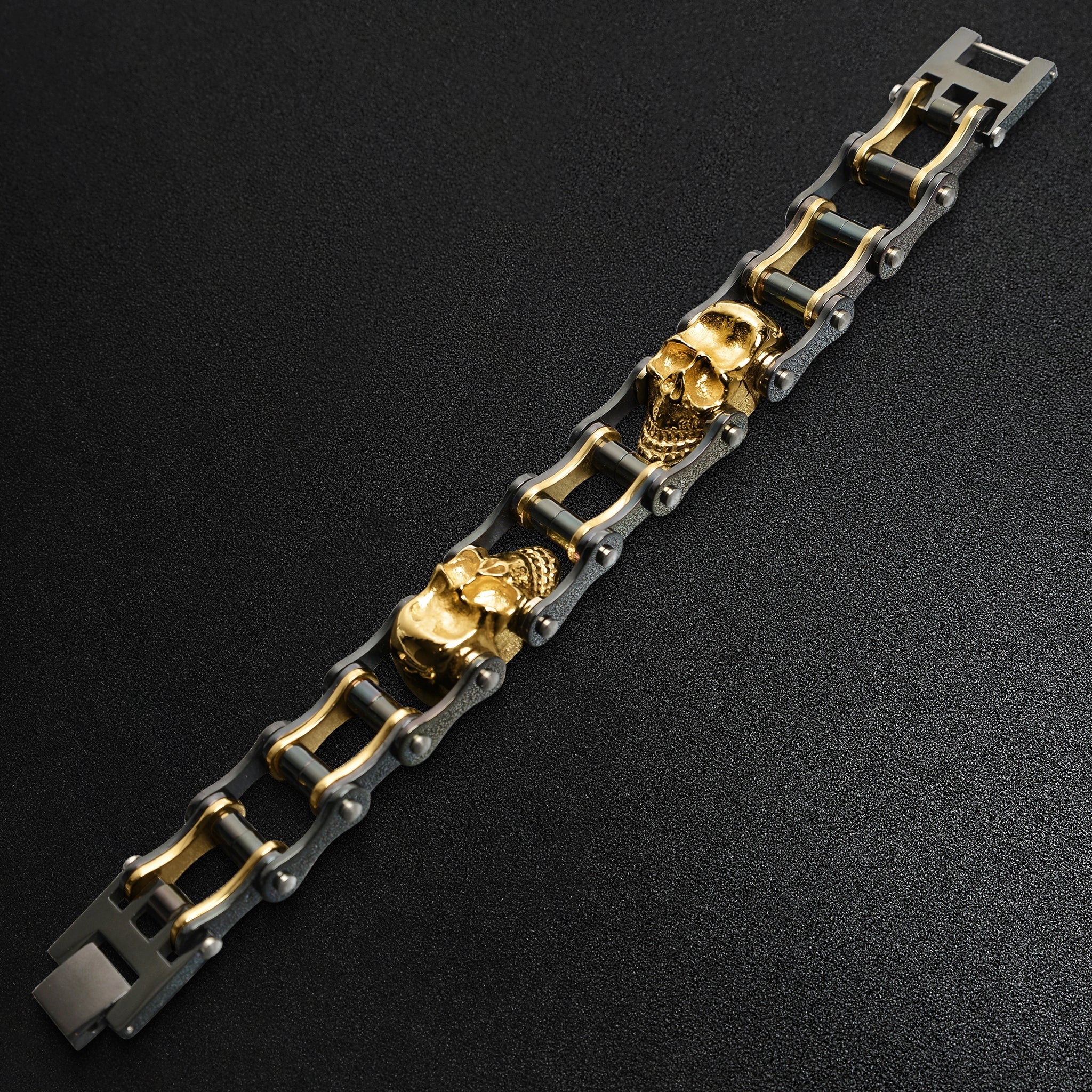 18K Gold PVD Stainless Steel Black Skull Bracelet