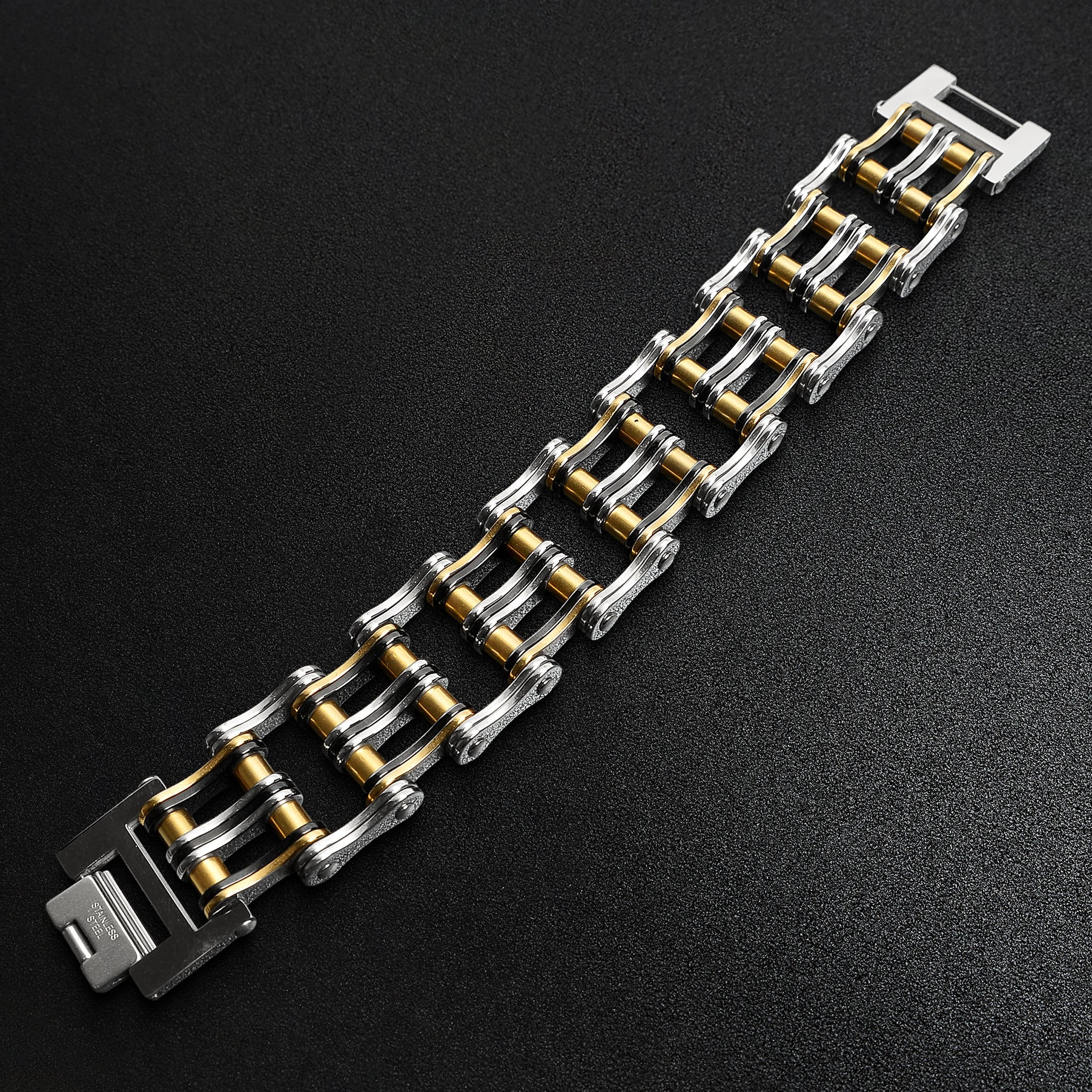 Stainless Steel Black And 18K Gold PVD Coated Double Bike Chain Bracelet