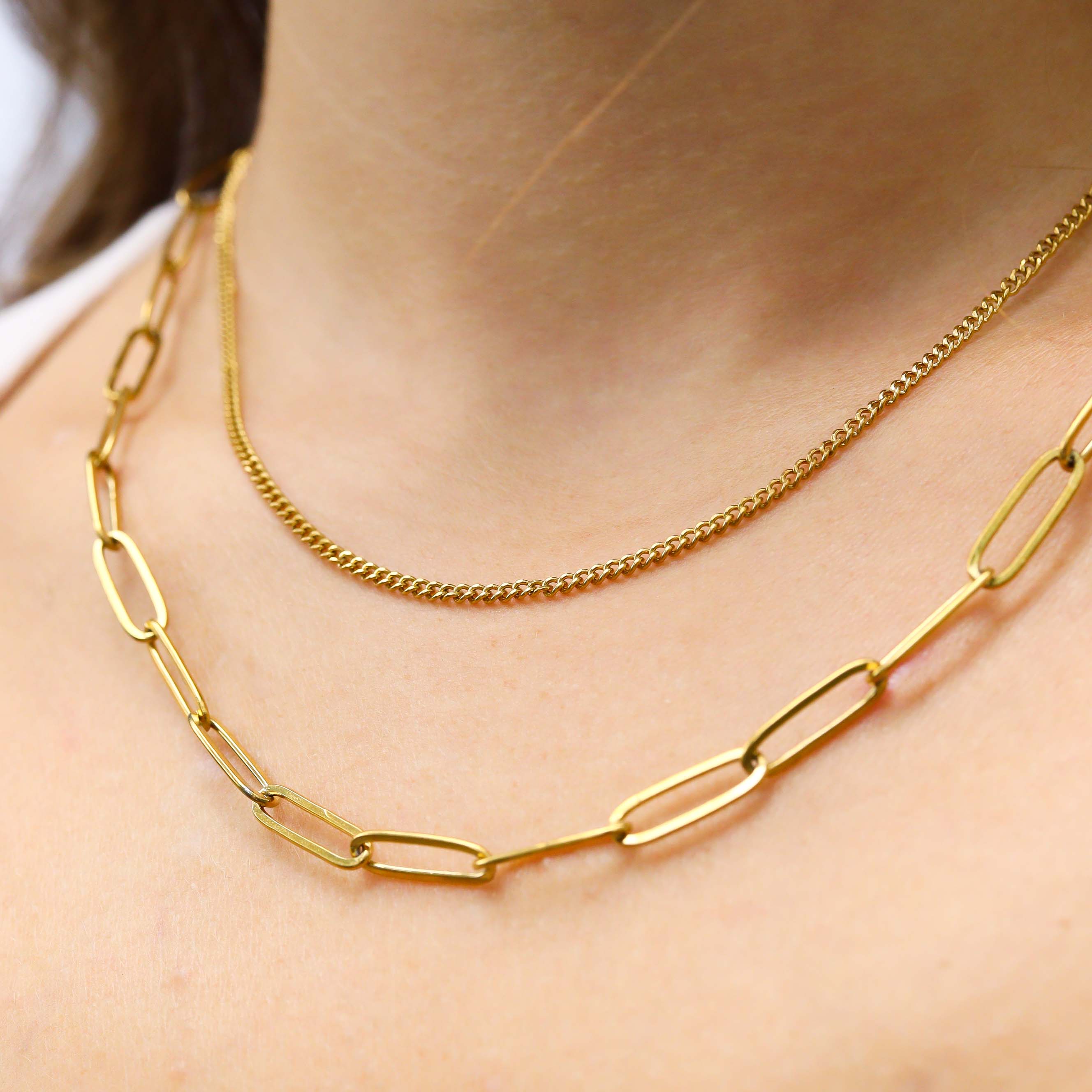 18K Gold PVD Stainless Steel Dainty Curb and Paperclip Layered Chain Necklace