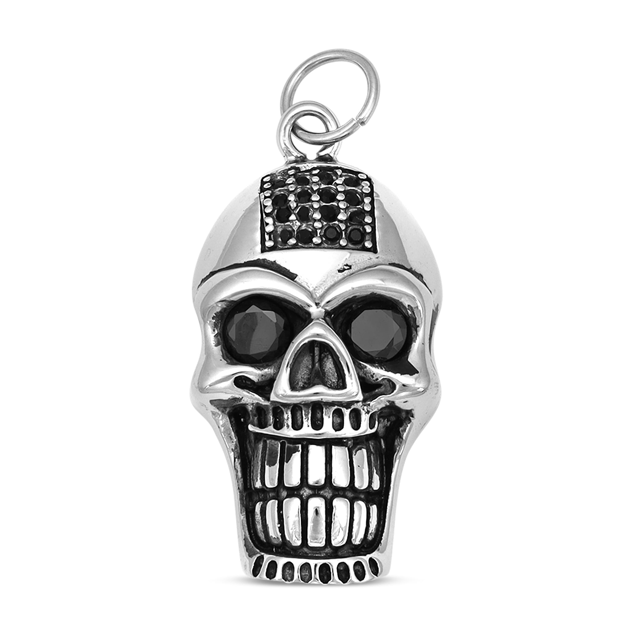 Stainless Steel Grinning Skull With Black CZ Stones Pendant